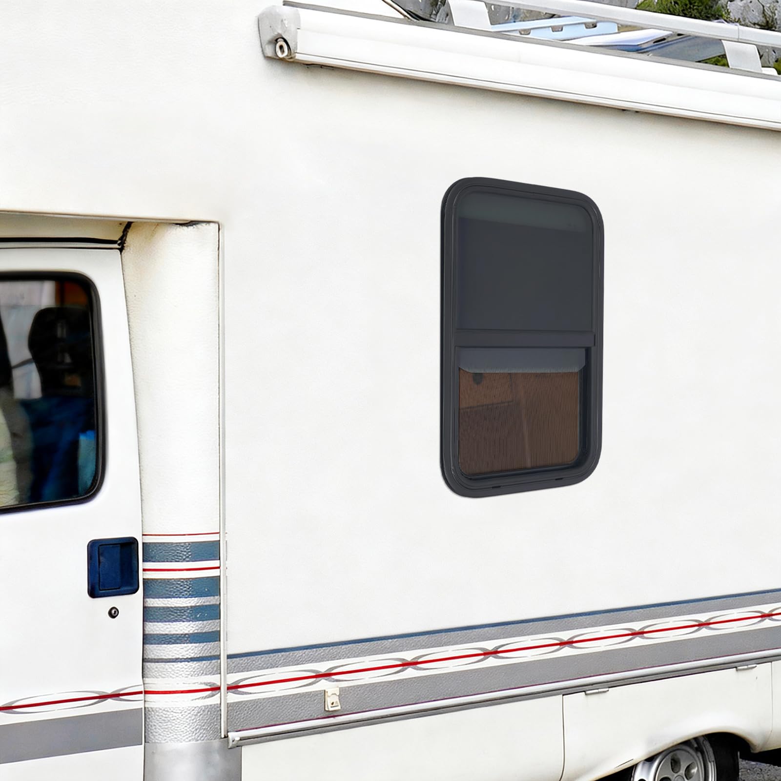 Finestra scorrevole verticale per camper, camper, camion e rimorchi, telaio in alluminio e vetro temperato, con protezione dagli insetti, impermeabile, UV e silenzioso, facile da montare, nero (450 x