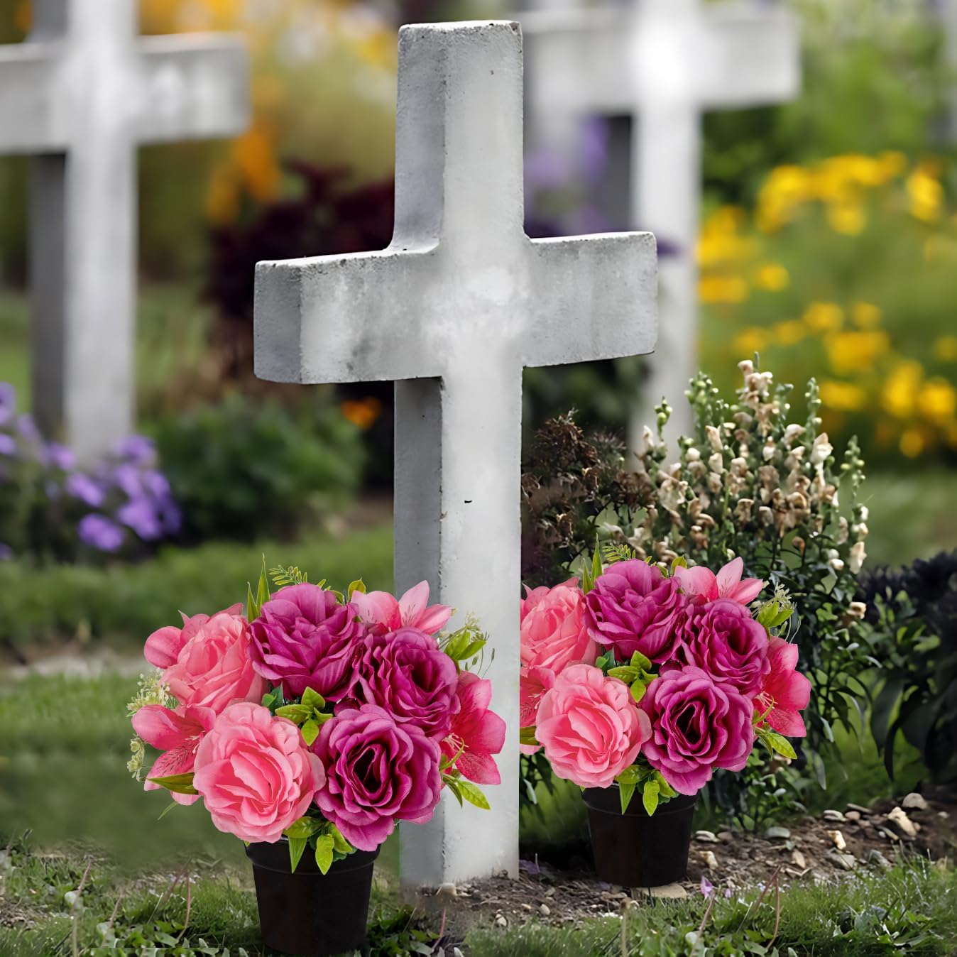 Hollyone 2Pcs Artificial Cemetery Flowers for Grave in Vase Silk Rose Lily Flower Arrangements Cemetery Decorations Memorial Flowers with Pot for Outdoor Headstones Decoration Purple