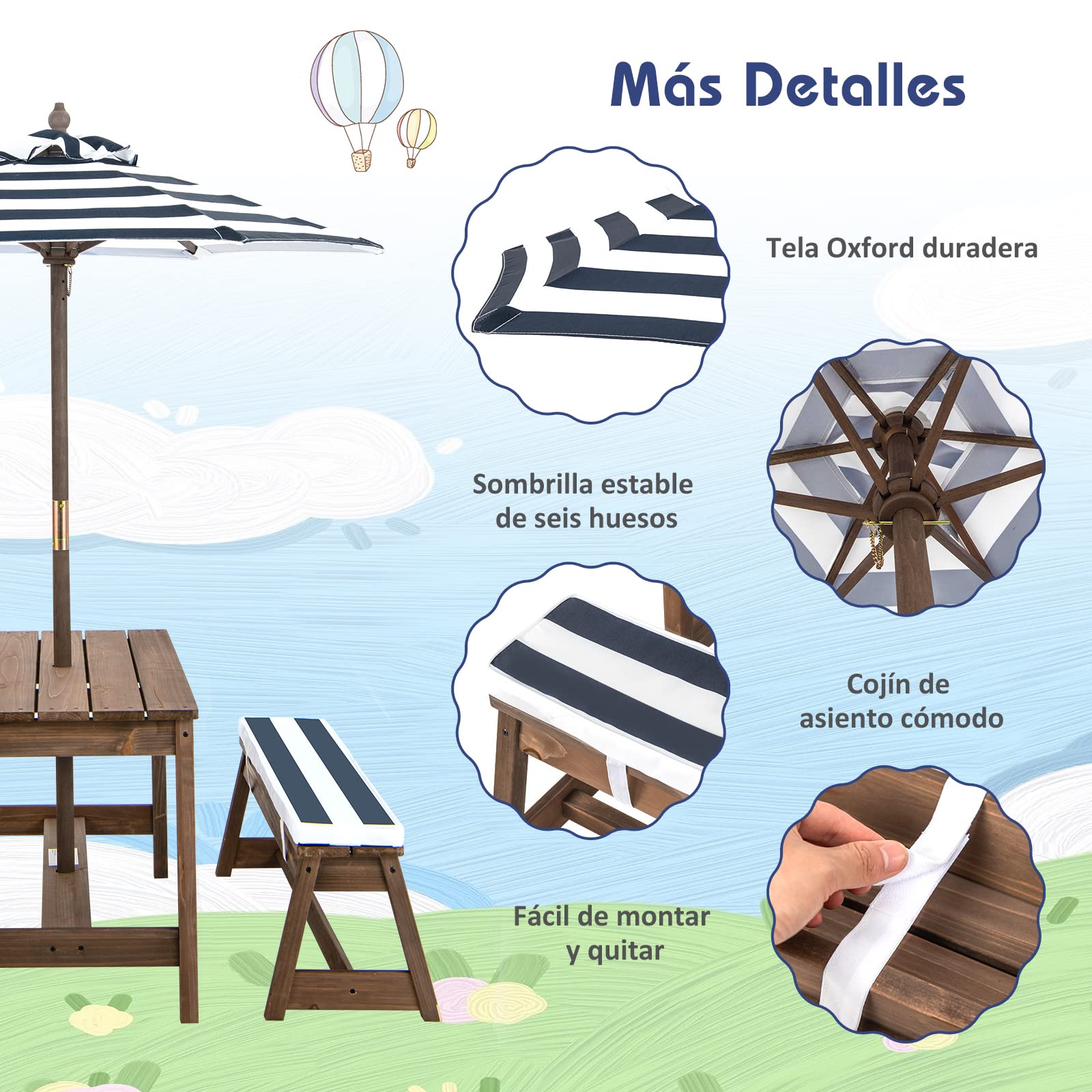 COSTWAY Juego de Mesa y Bancos de Madera con Cojines y Sombrilla, Set para Niños con Sombrilla para Interiores y Exteriores (Azul)