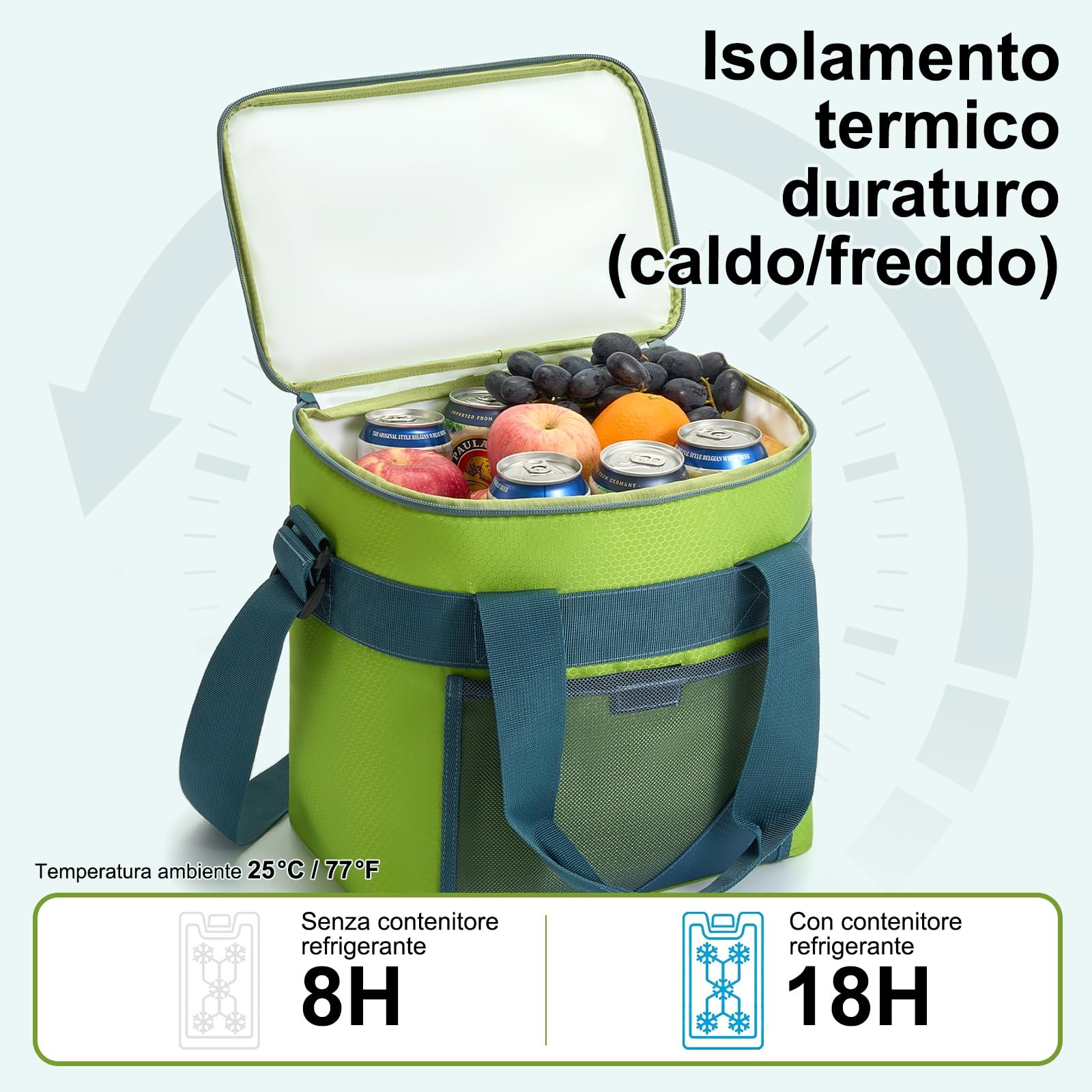 Borsa Termica 30L per Picnic, Campeggio, Spiaggia, Verde | Isolamento termico avanzato, Cinturino imbottito e manici rinforzati