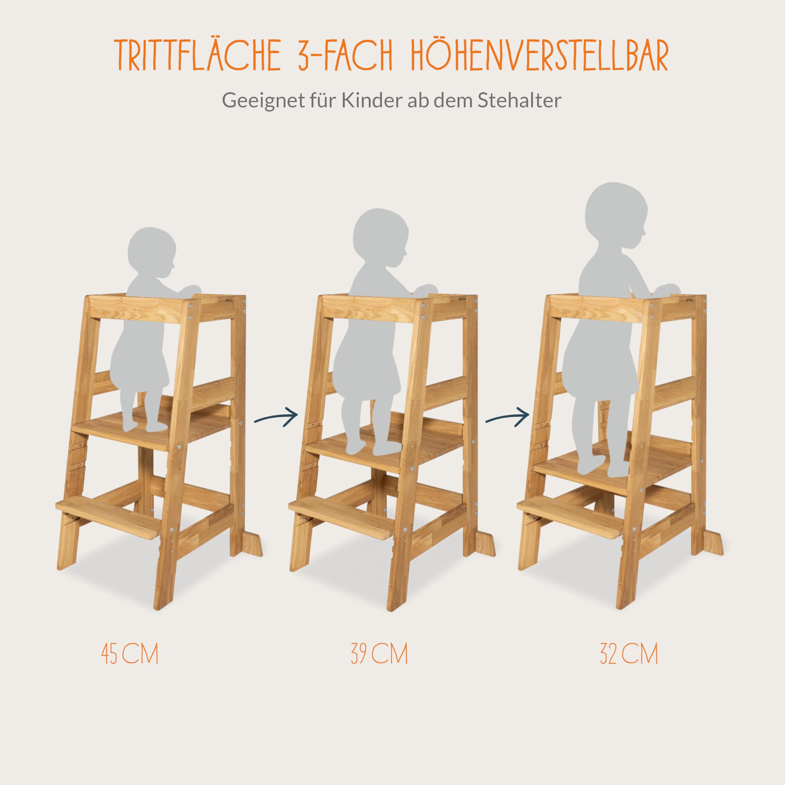 PINOLINO Fino Lernturm - Höhenverstellbarer Kinderhocker ab 1 Jahr – Kinder Tritthocker aus massiver Eiche - Kindertritt, Kleinkindturm, Learning Tower Montessori-inspiriert, Eiche