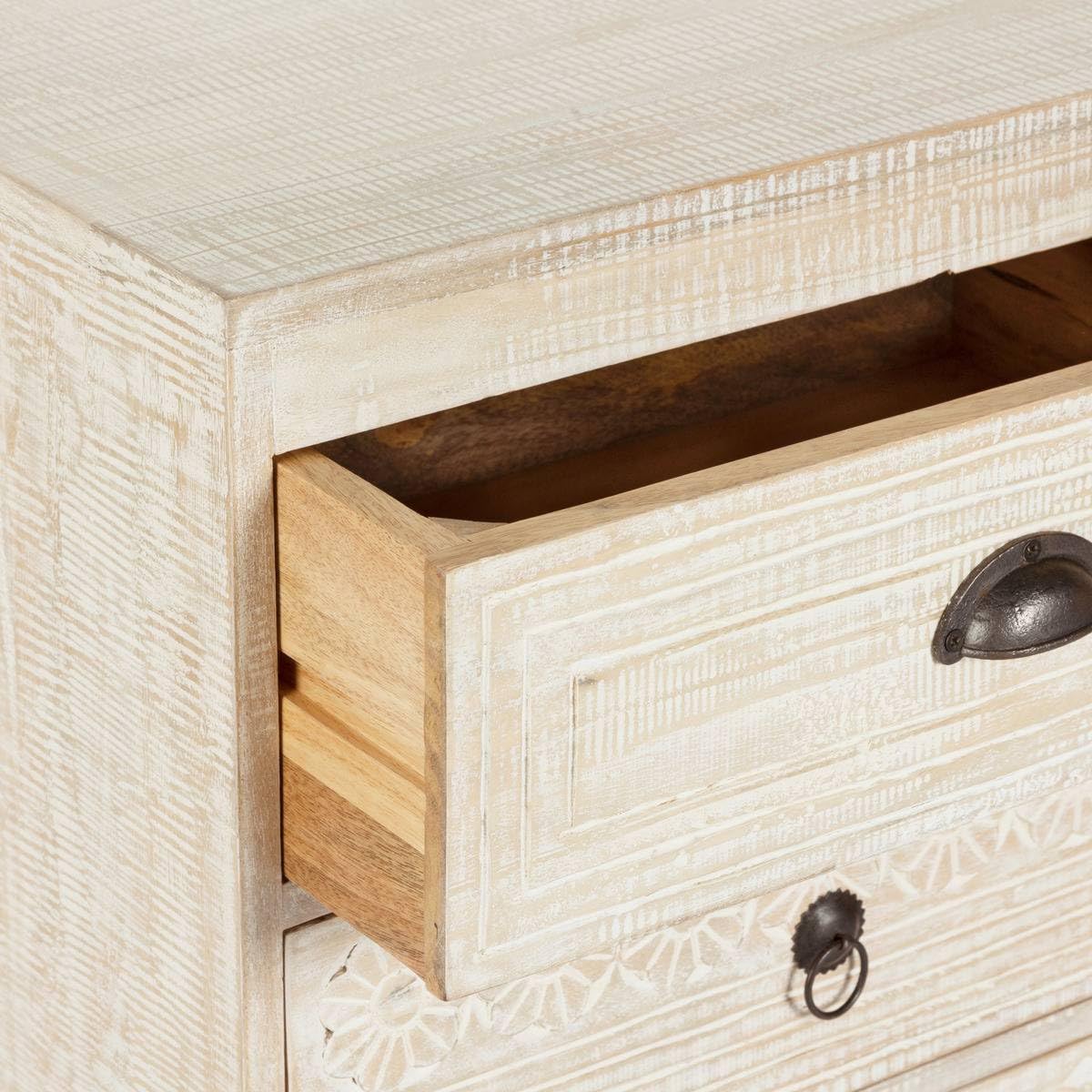 Table d'appoint Table de Chevet 3 Tiroirs en Métal et Bois de Manguier sculpté - Atmosphera