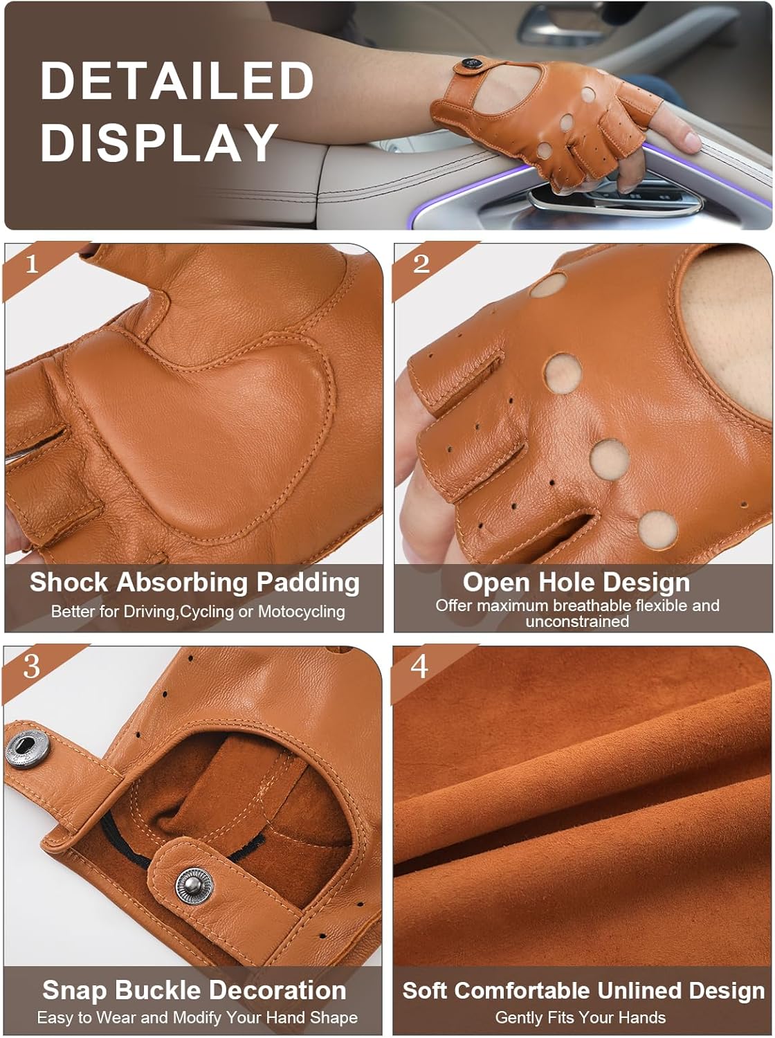 GSG Men Fingerless Gloves Driving Leather Cycling Half Finger Motorcycle Unlined Gloves for Cycling - Image 3