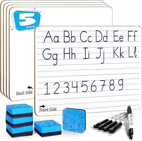 Scribbledo Paquete de 5 pizarras de borrado en seco forradas con marcadores y borradores, pizarra blanca de doble cara de 9 x 12 pulgadas con