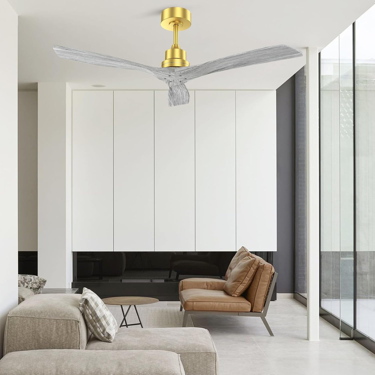 52 Inch Indoor Ceiling Fan Without Light 3 Solid Wood Blades Remote Control Reversible DC Motor, Natural Texture, Durable Construction