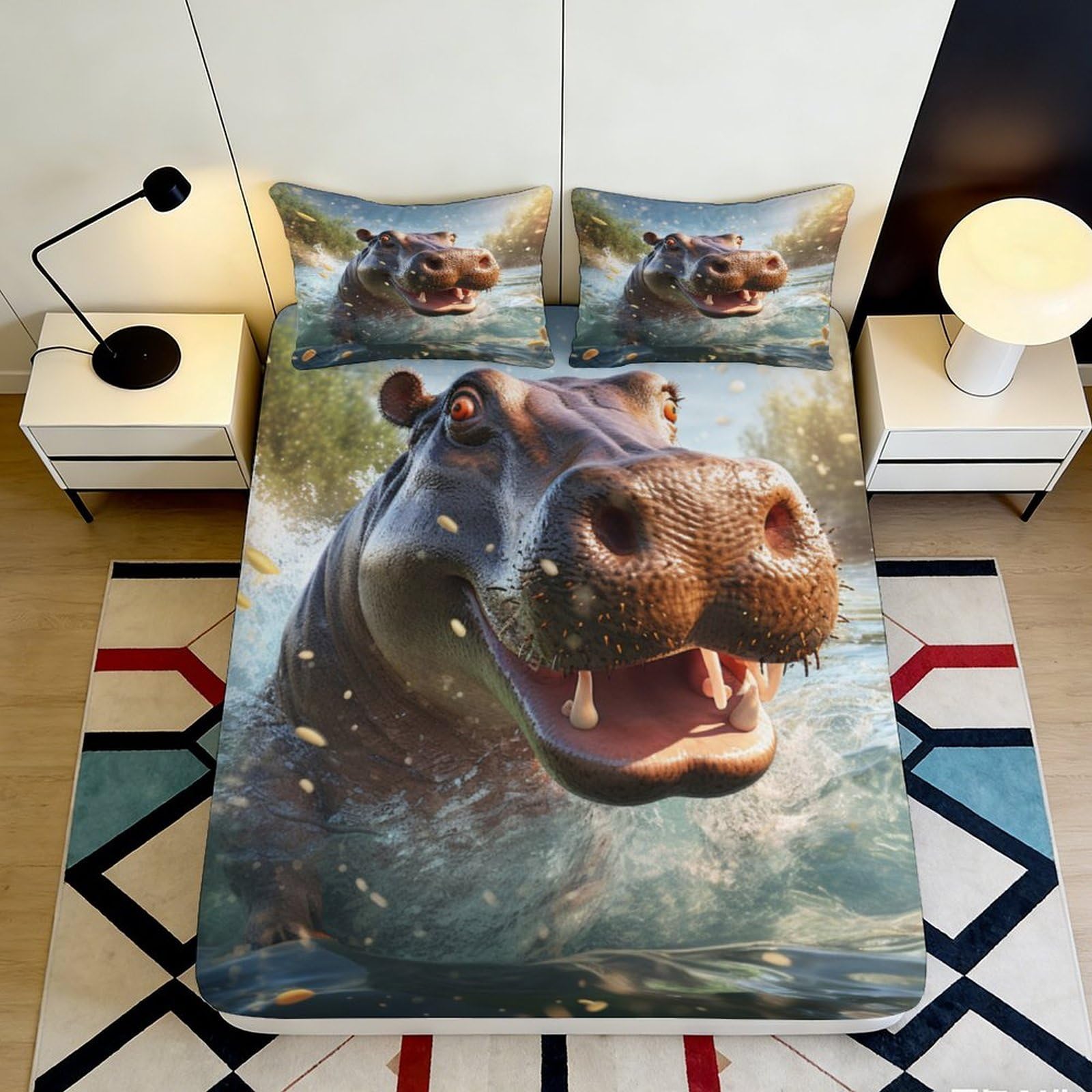 3D Printed Hippo Water Splash Fitted Sheet Microfiber Soft Animal Mattress Cover for Bedroom Dorm Home Decor 90x200x25cm