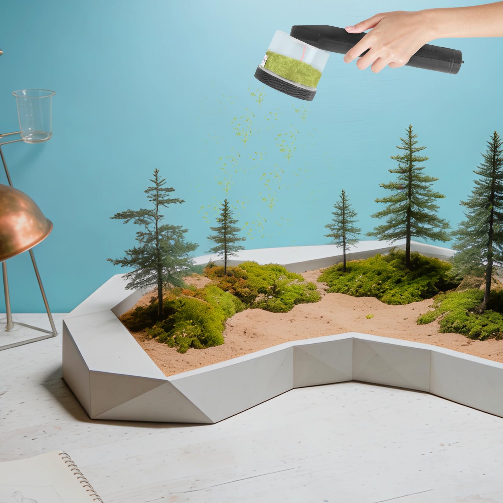 Mini statyczny aplikator do flokowania trawy, mini aplikator do flokowania z 4 kolorami, modelarstwa trawy i szczotką do czyszczenia, do samodzielnego modelowania scenicznego, modelowania