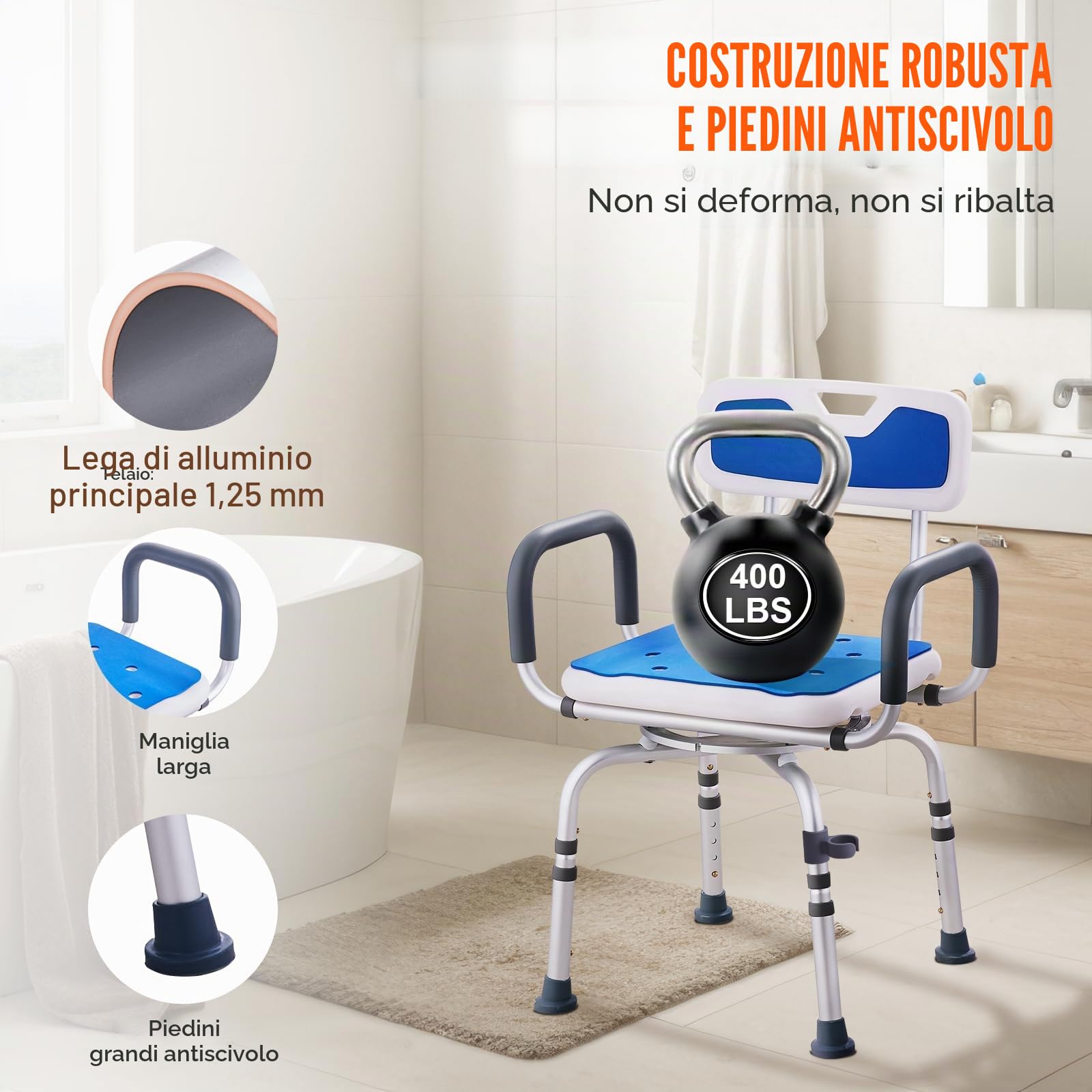 VEVOR Sedia da Doccia Girevole a 360 Gradi, Regolabile, Antiscivolo, per Vasca da Bagno, Capacità 180 kg, Blu+bianco