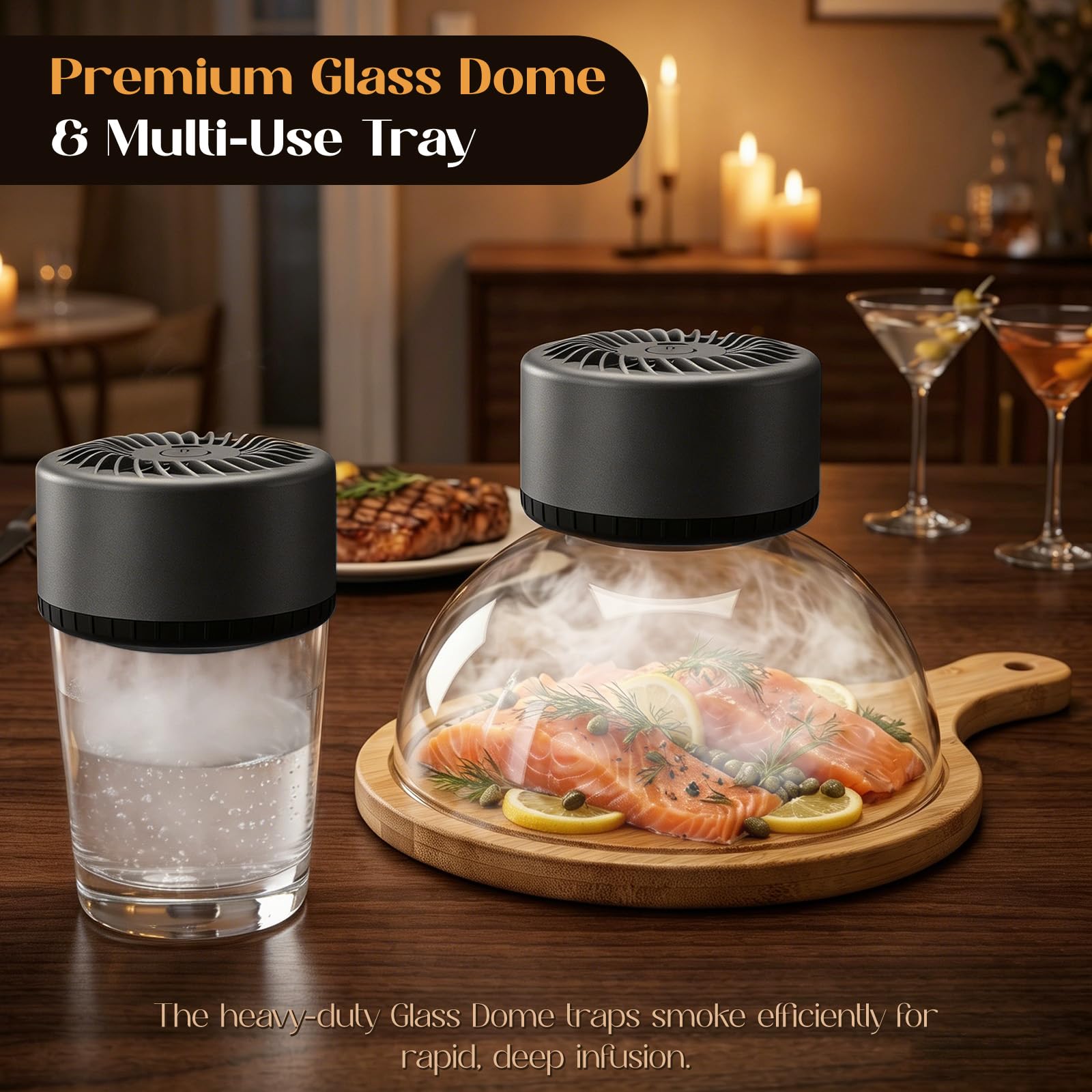 Kit affumicatore elettrico per cocktail, ricaricabile USB-C, senza torcia, per cocktail e cibo, controllo del fumo regolabile, copertura in vetro, vassoio di legno, 6 trucioli di legno (15 cm)
