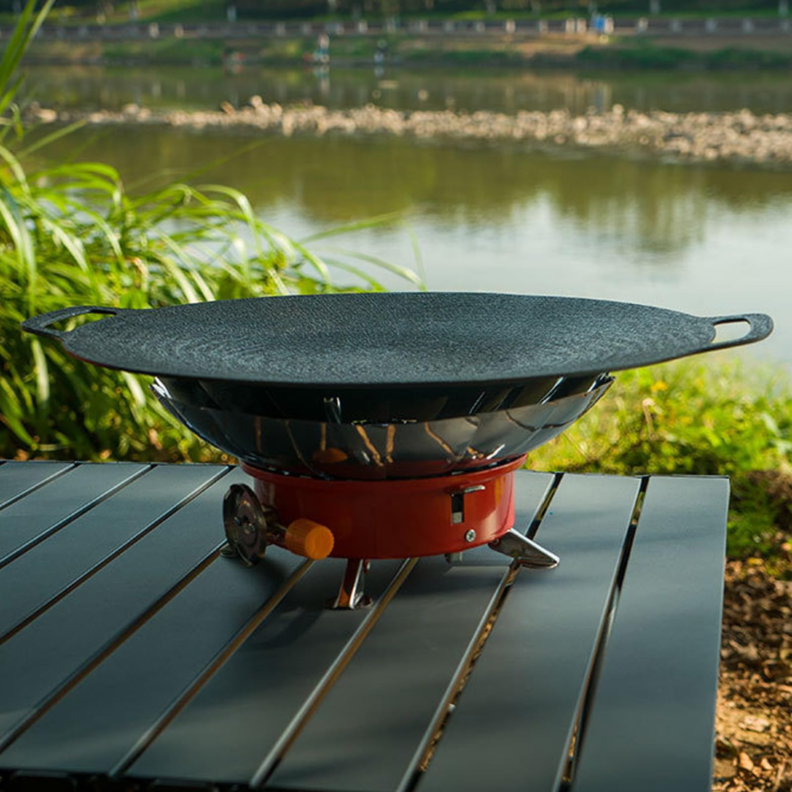 Plancha redonda antiadherente de aleación de aluminio, sartén con doble Mango para barbacoa, Camping, Picnic, cocina al aire, uso en cocina interior (33CM)