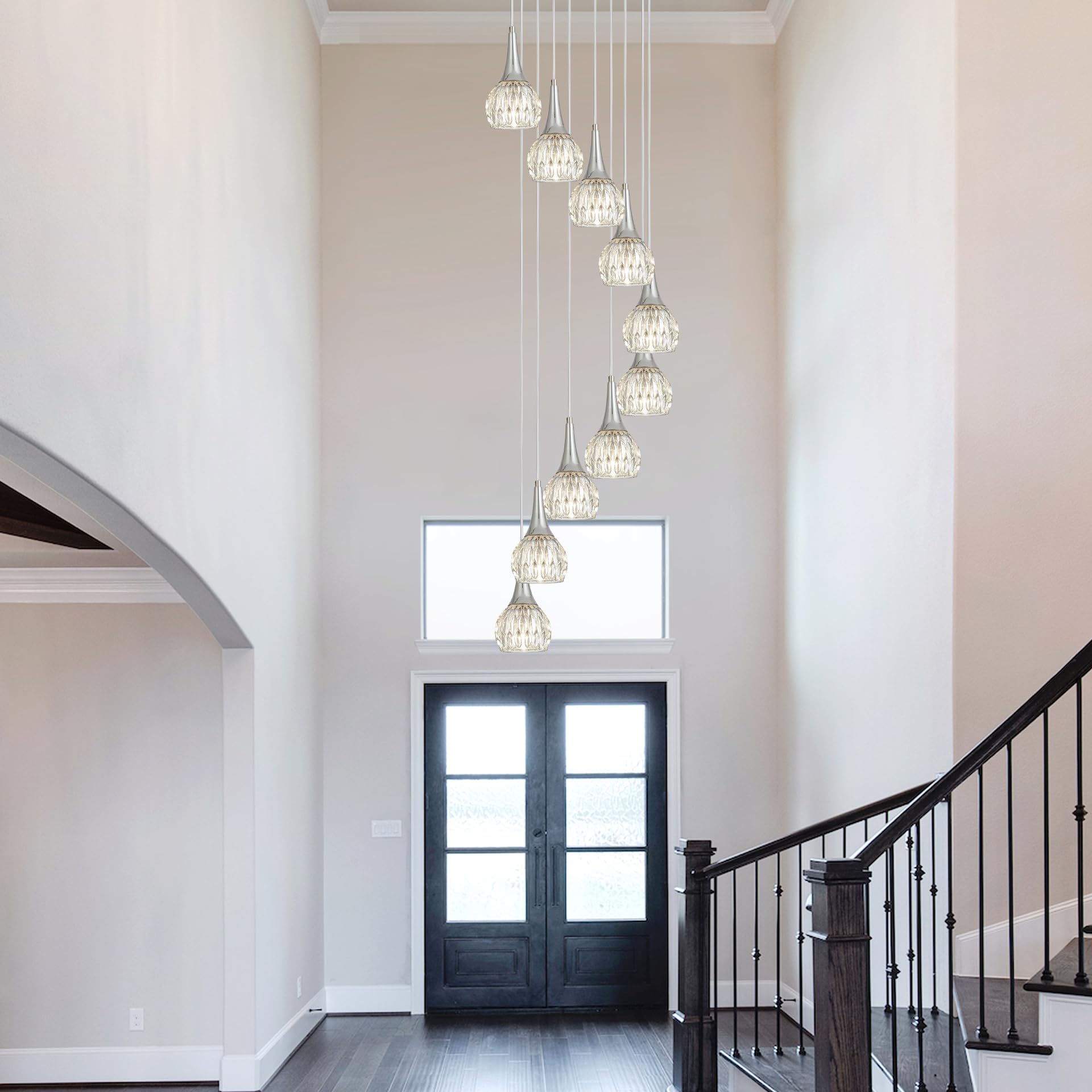 LYMSXAZOU Art Glass Spiral Chandelier 10-Light Polished Chrome Pendant Lights for Foyer Entryway - Modern Long Lighting Fixture Stairwell and Ceiling