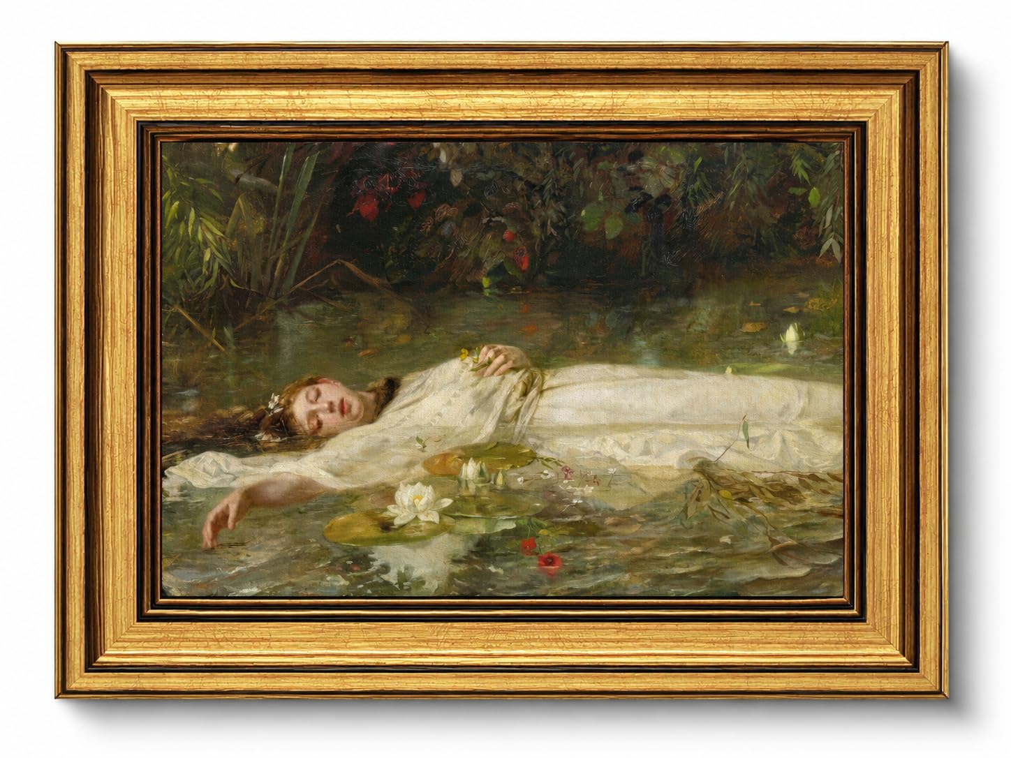 Vintage Gold Framed Moody Wall Art Ophelia Water Lilies Woman Painting Picture Wall Decor Dark Academia Victorian Women Poster Print Artwork for Living Room Bed