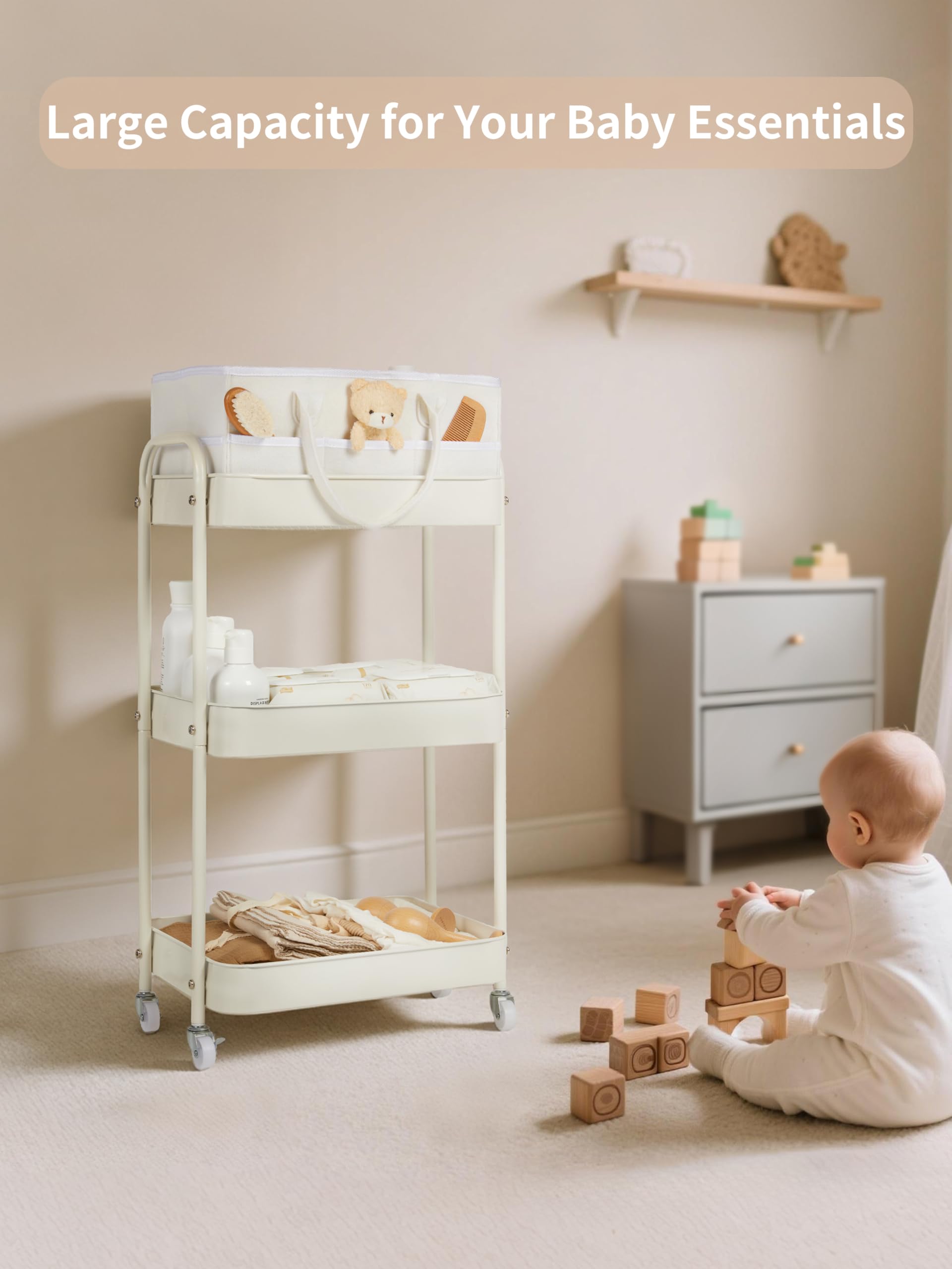 Fortella Wózek na pieluchy 2 w 1 i organizer do pokoju dziecięcego, 3-poziomowy mobilny wózek użytkowy, zdejmowany pojemnik przy łóżku, duży schowek na niezbędne artykuły dla niemowląt, metalowa rama