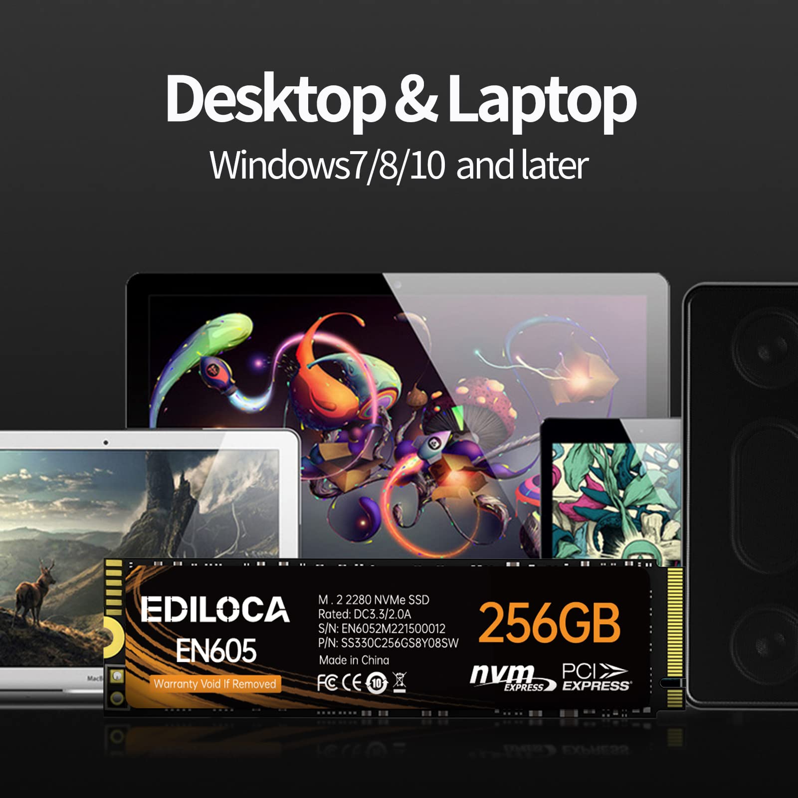 Ediloca EN605 256GB M.2 SSD, NVMe1.3 PCIe Gen3 x4 SSD Unità a stato solido interne, M.2 2280 - Velocità di lettura/scrittura fino a 2150/1300 MB/s - SSD interno compatibile con laptop e PC desktop