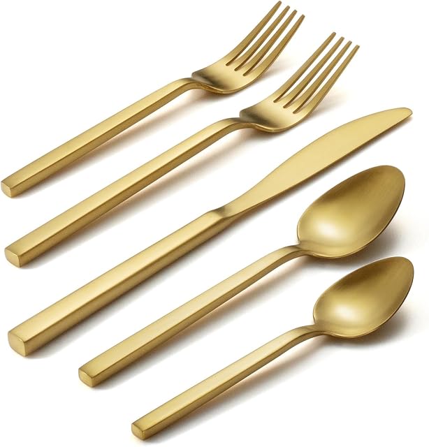 Cube Gold 20-Piece Forged Silverware Set Stainless Steel Flatware Set,Service for 4,Matte Satin Polished Cutlery Set,Dishwasher Safe