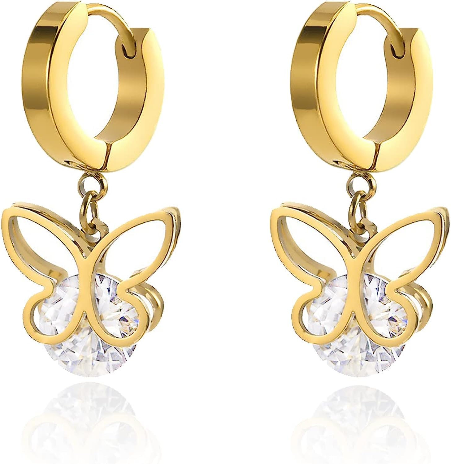 El Regalo Stainless Steel Dangle Butterfly Earrings for Women/Girls- Ati Tarnish- NO RUST Butterfly Drop Hoop Earrings (Golden with Crystal) (B0C3WBKXW5) Amazon Price History, Amazon Price Tracker