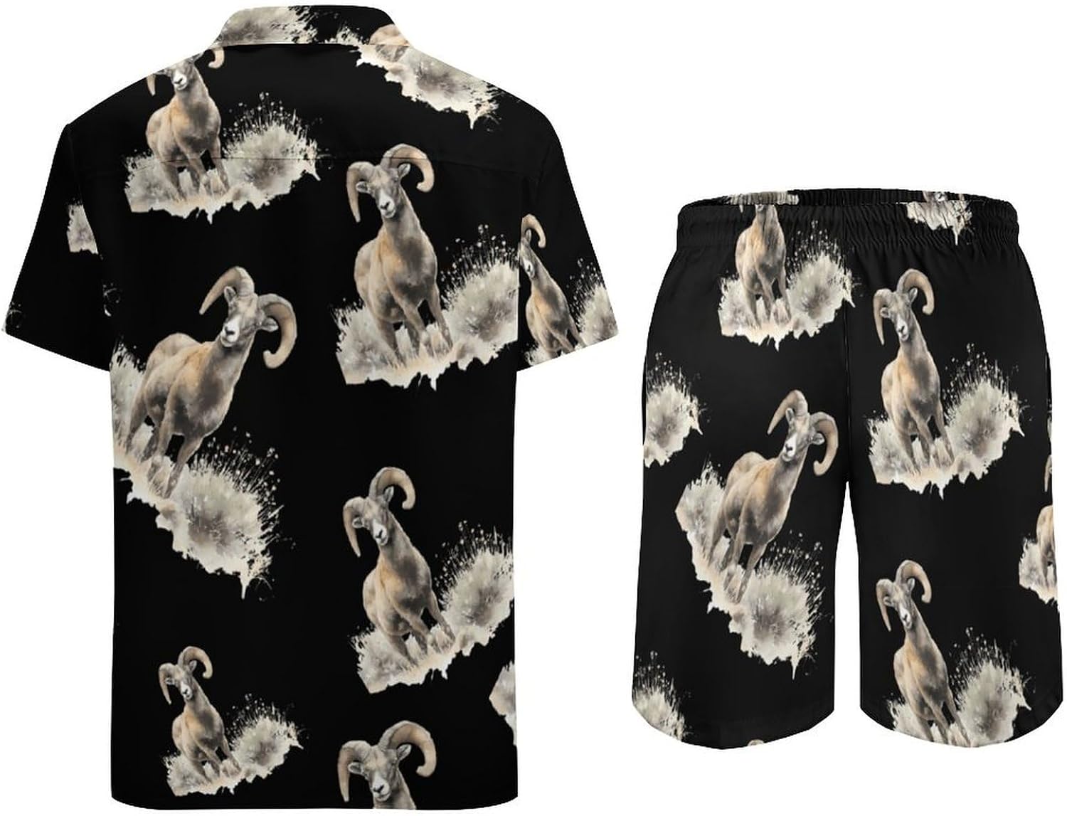 Watercolor Argali Sheep Summer Mens Vacation Outfits Beach Shirts Shorts Matching Set