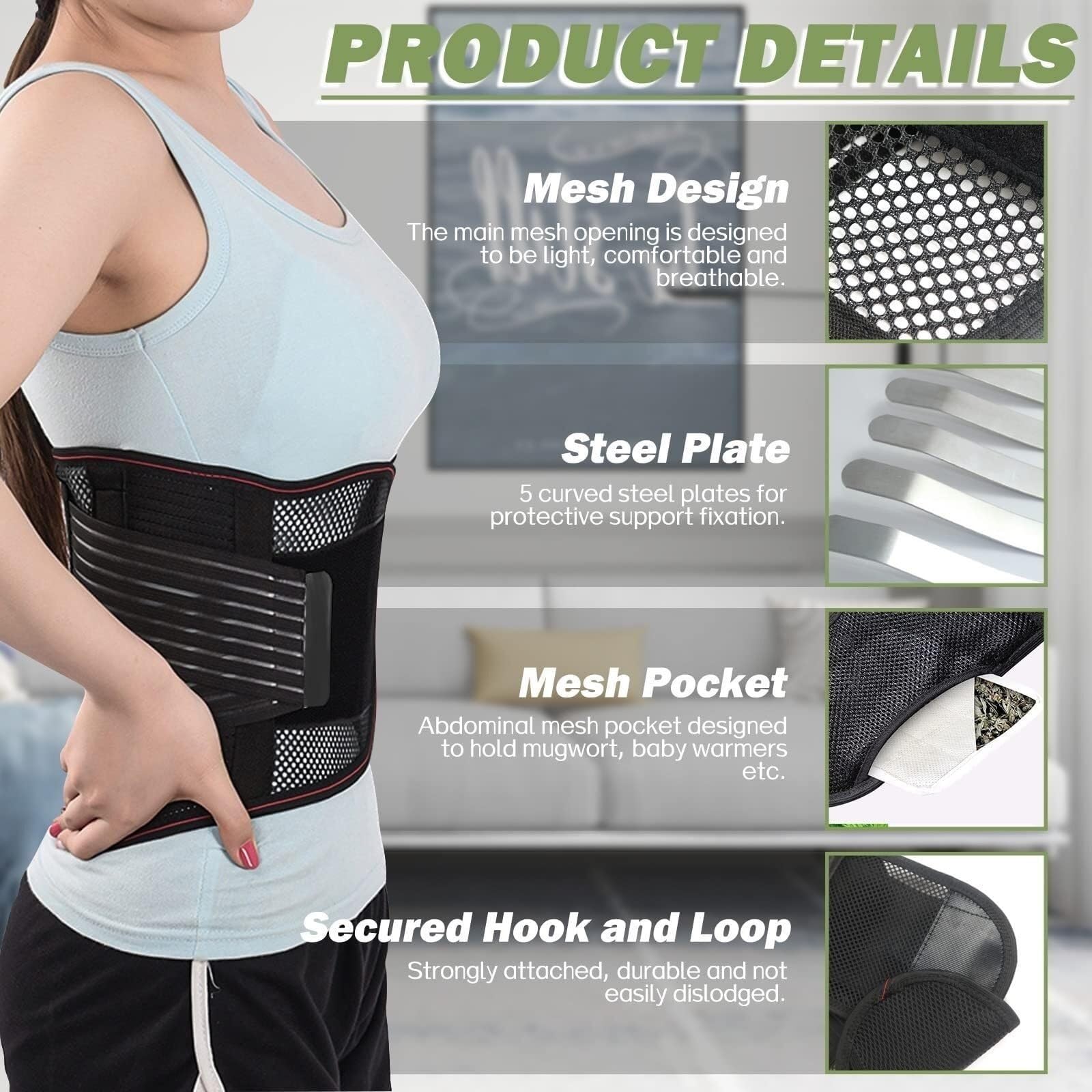 Faja Lumbar Corrector De Postura De Cintura Y Espalda Transpirable Ajustable con 3 Almohadillas Extraíbles Cinturón Apoyo Lumbar(Large)