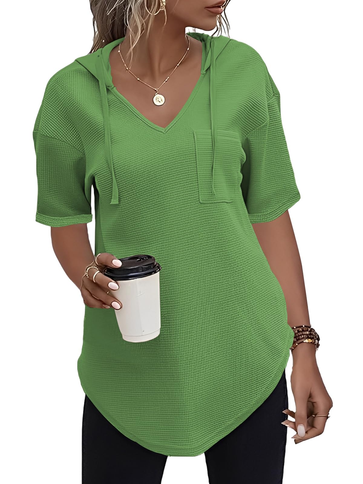 Cuptacc Pullover Damen Hoodie Langarm V Ausschnitt Pullover Sweatshirt Kapuzenpullover Einfarbig Drawstring Top