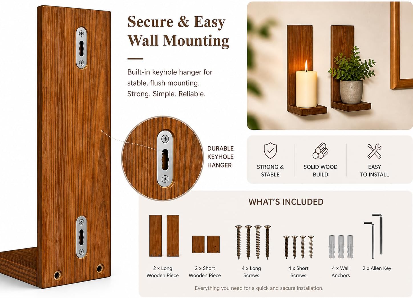 Wall Candle Sconces Set of 2, Rustic Wood Farmhouse Wall Decor, Vintage Brown Candle Holders for Living Room, Bedroom & Hallway