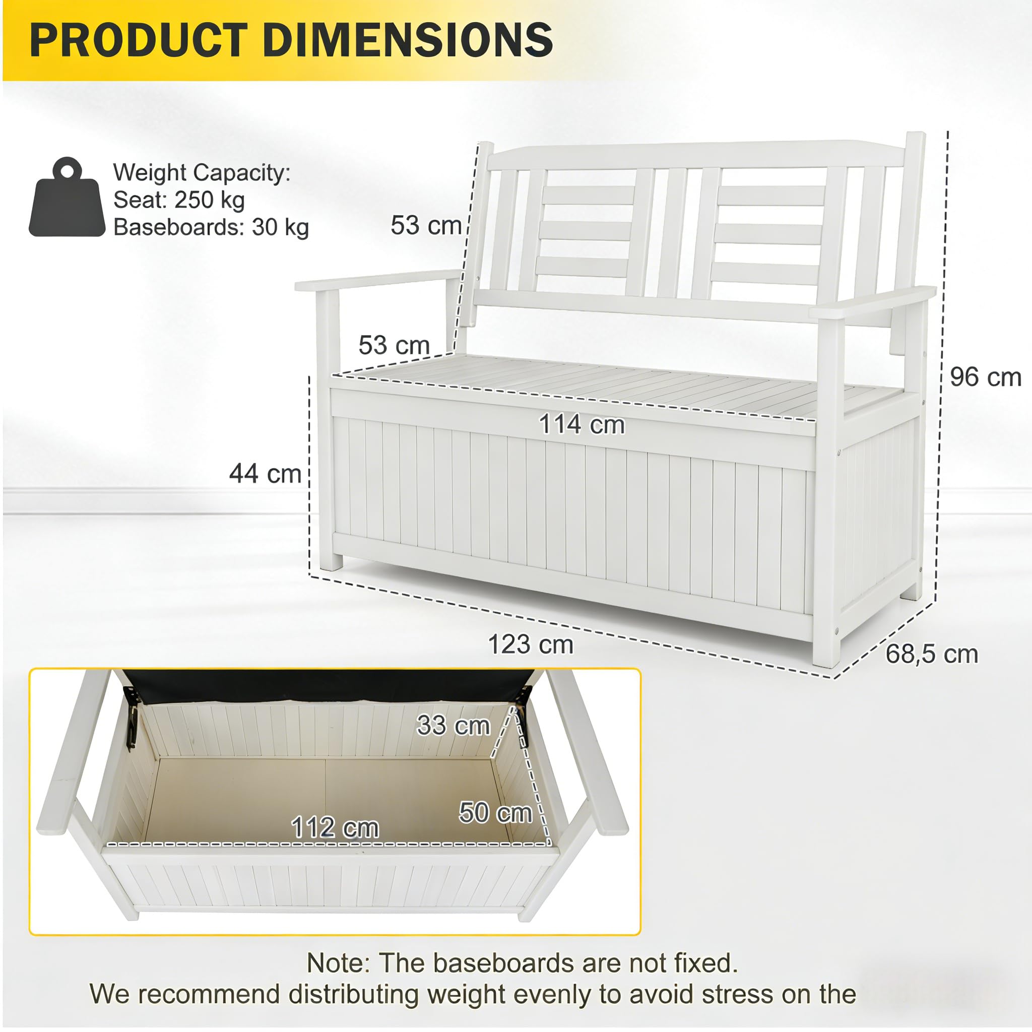 KOMFOTTEU Banco Arcón de Jardín de 2 Plazas, Banco Exterior de Madera Maciza con Almacenamiento 185 L, Baúl Contenedor con Reposabrazos y Respaldo, Carga 250 kg, 123 x 68,5 x 96 cm (Blanco)