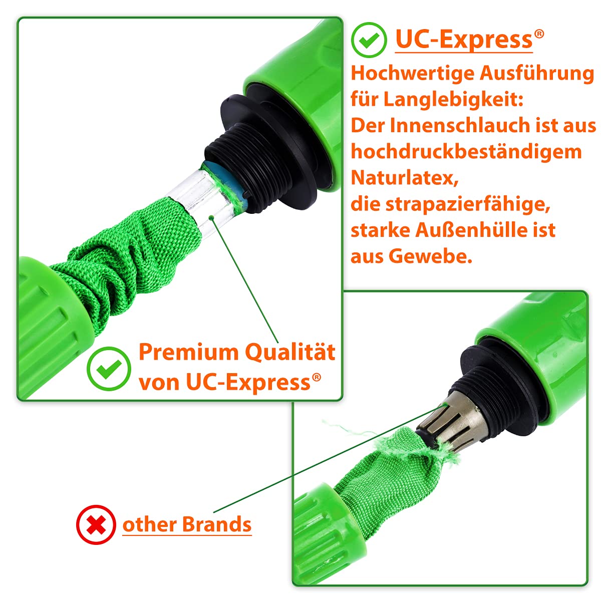 UC-Express Gartenschlauch Flexibel 60m - 200ft, Grün, Polyester, Dehnbar, Bewässerung, Multifunktionsbrause, Adapter, Platzsparend, Haus, Garten, Auto, Wohnmobile