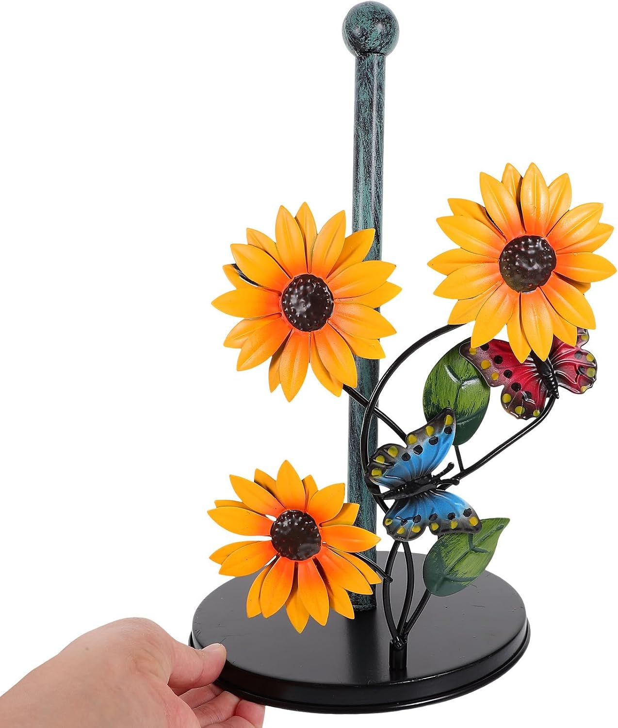 Iron Paper Towel Holder Stand with Painted Farmhouse Design, Kitchen Tissue Rack for Countertop Storage, Decorative Iron Roll Paper Holder for Home and Bathroom Use