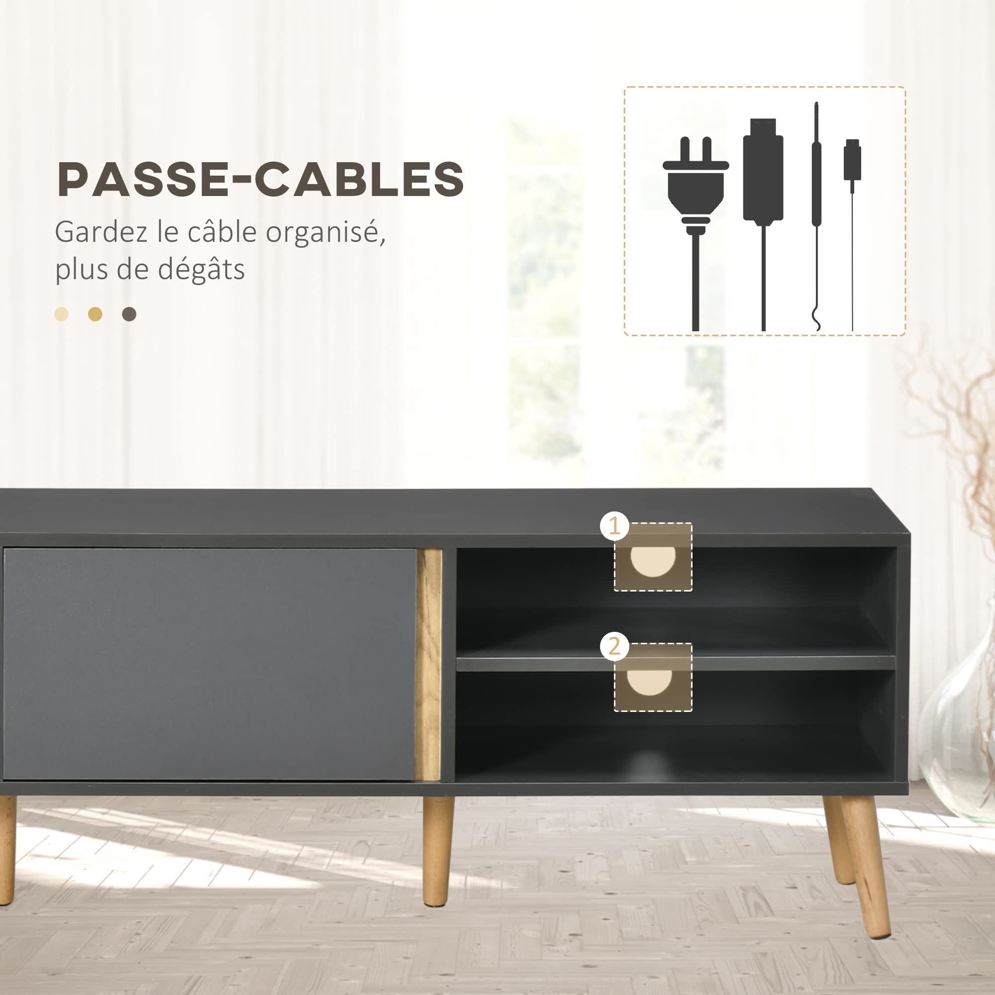 HOMCOM Meuble TV Design Scandinave 55 Pouces 150 x 35 x 45 cm Gris Foncé