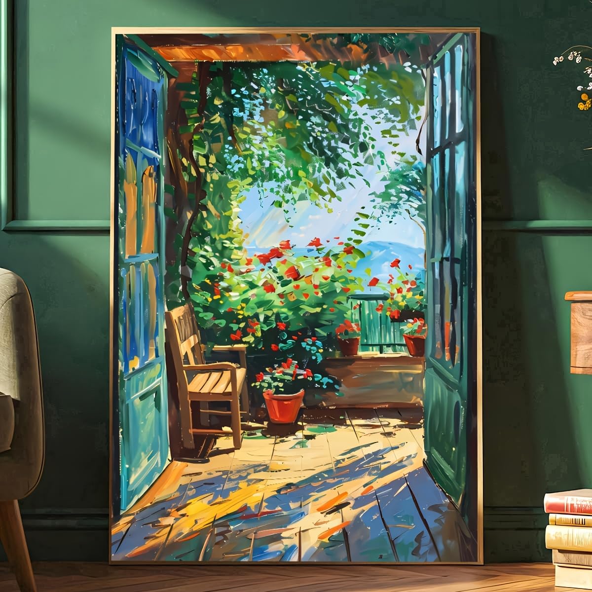IXEHOH Stampe su Tela Terrazza Giardino Impressionista, Arte da Parete Verticale per Soggiorno, Decorazioni da Parete, Arte da Parete Estetica, Grande Arte Moderna Astratta per la Casa 80x130cm