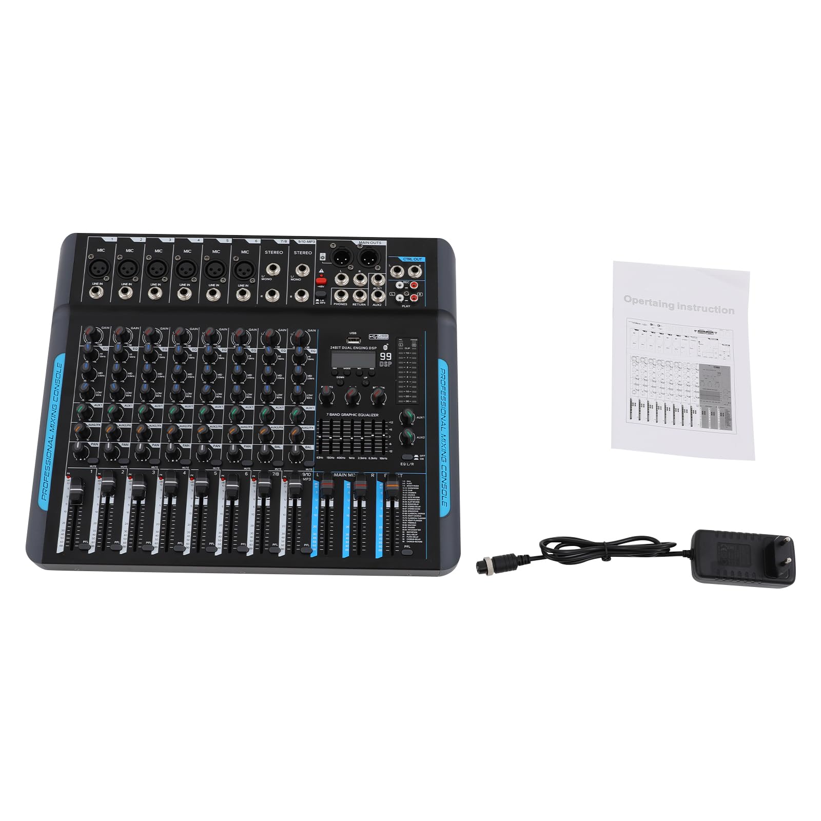 Console mixer audio professionale a 10 canali, mixer audio, mixer, console stereo USB/Bluetooth con 99 DSP Reverb 7 band equilibrio per palcoscenico DJ musica