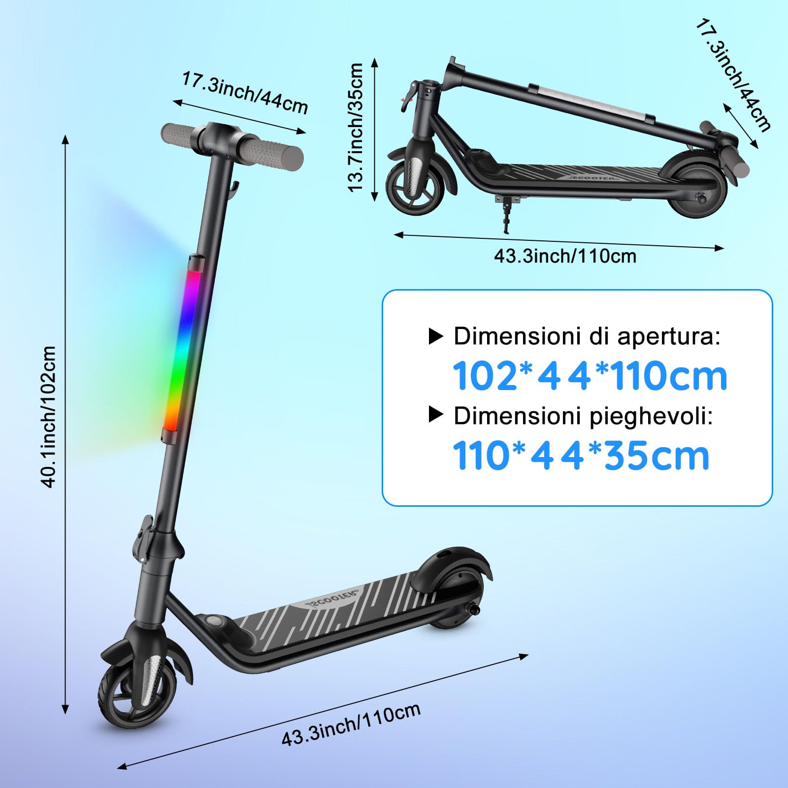 Monopattino elettrico per bambini 6-12 anni, motore 80W, velocità 6/12 km/h, autonomia 8 km, capacità 50 kg, display LED & luci arcobaleno, monopattino pieghevole per bambini