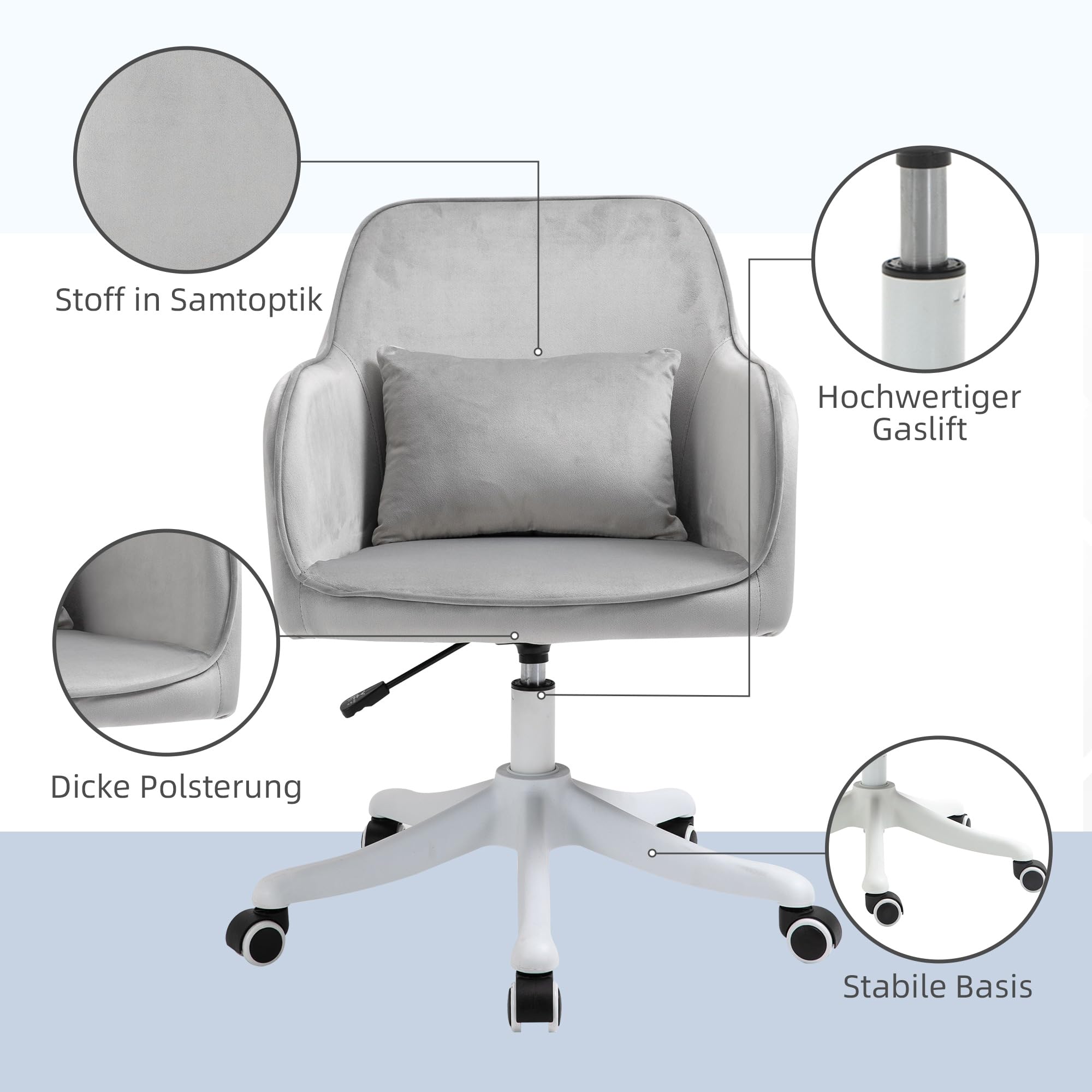 Vinsetto Bürostuhl mit Massagefunktion Ergonomischer Chefsessel Hellgrau | Höhenverstellbar, 360° Drehbar, Computerstuhl, Samtoptik, USB-Schrittstelle