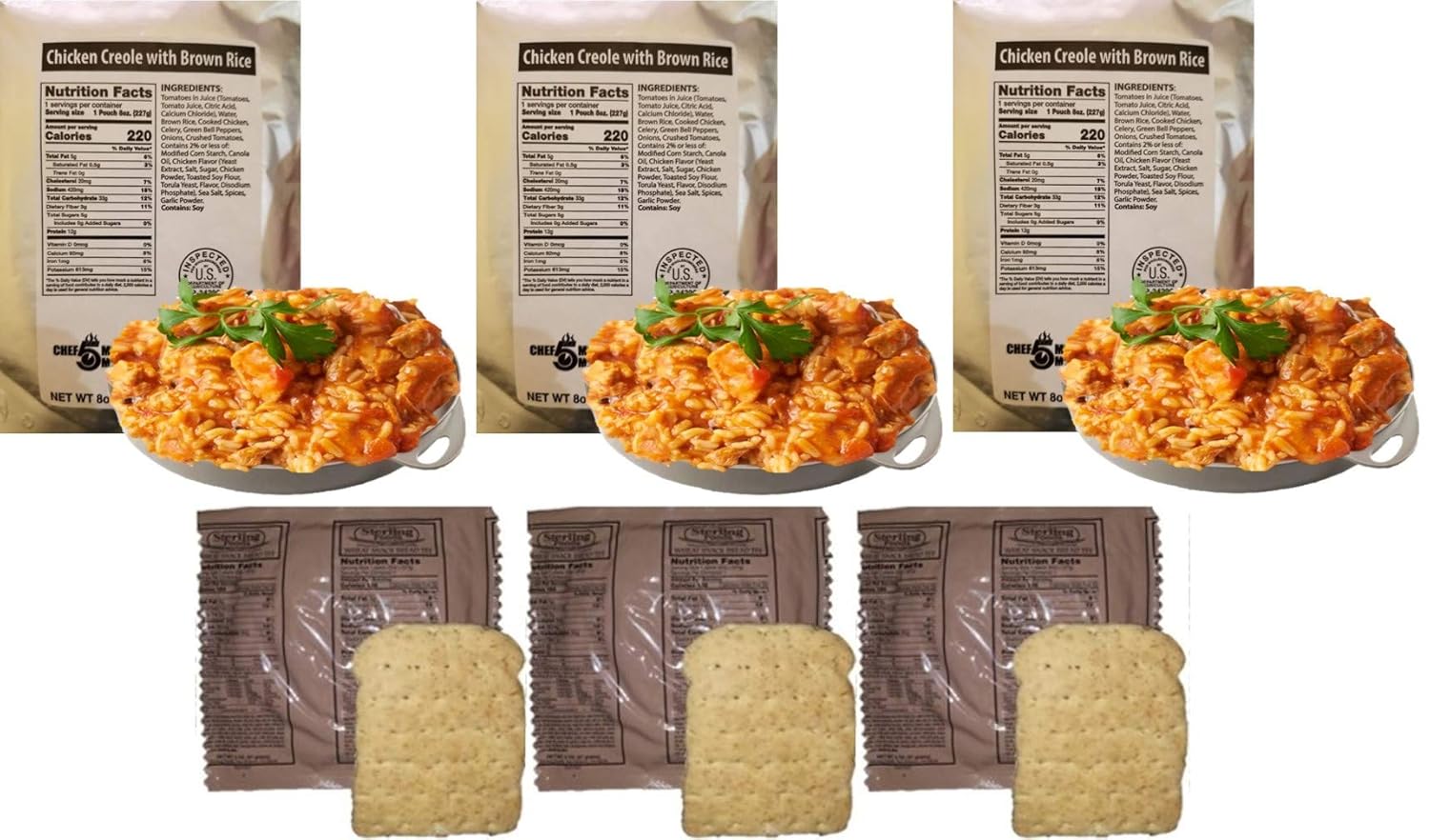MRE 3 pack Entrée Combinations (Entrées & Sides) - 1st Insp. Date 2022 (3pk Beef Chili w/Beans Combo')