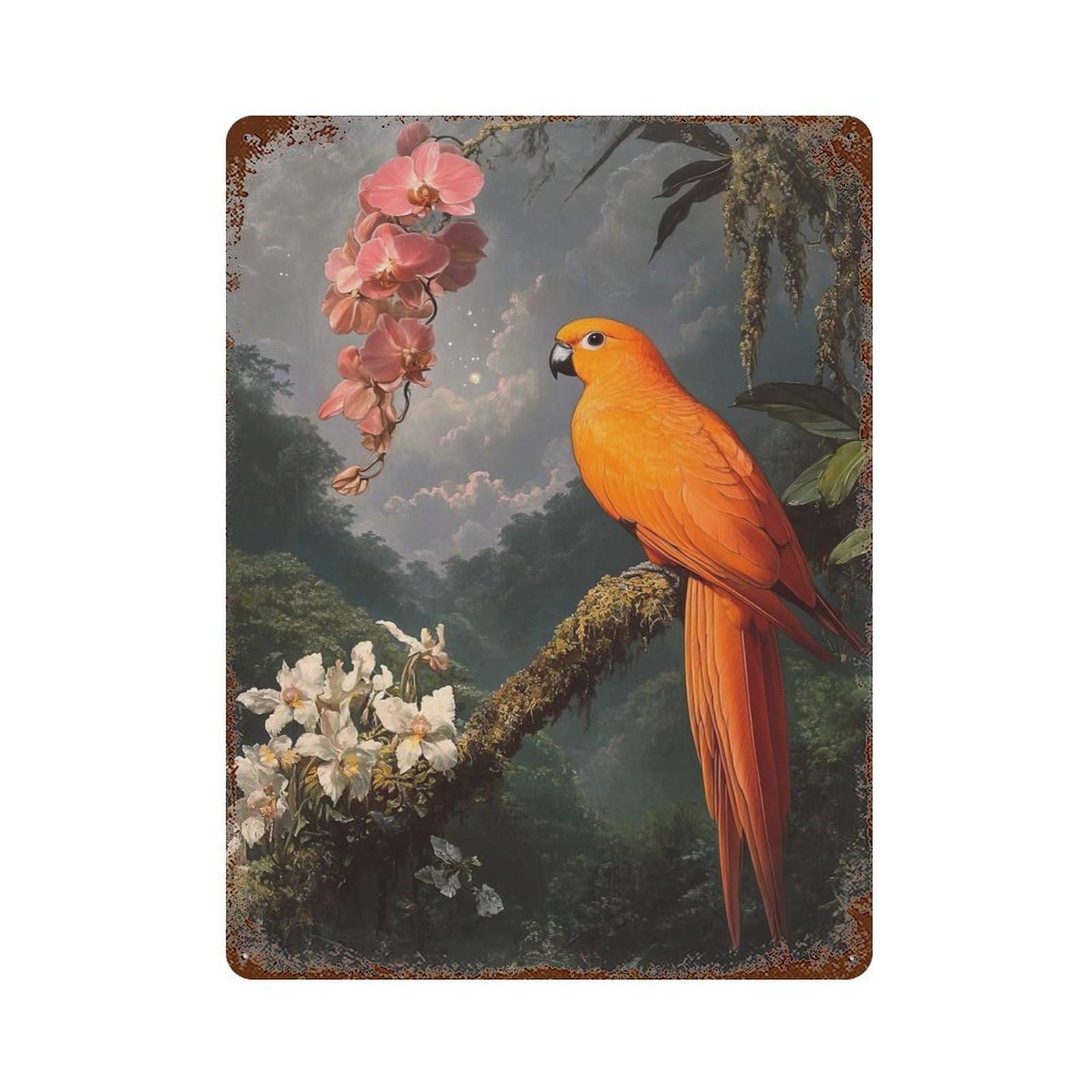 Orange Parrot in Jungle Vintage Rust Metal Sign 15.7"x11.8", Classic Wall Plaque for Basement, Hobby Room And Garage Decor