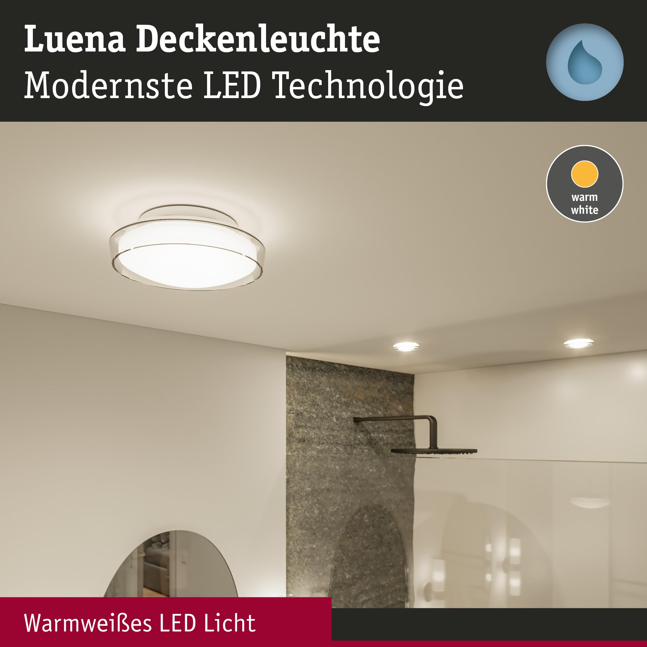 Paulmann 71078 Plafoniera LED Selection Bathroom Luena IP44 3000K 600lm 230V 11,5W vetro, cromo, luce da bagno