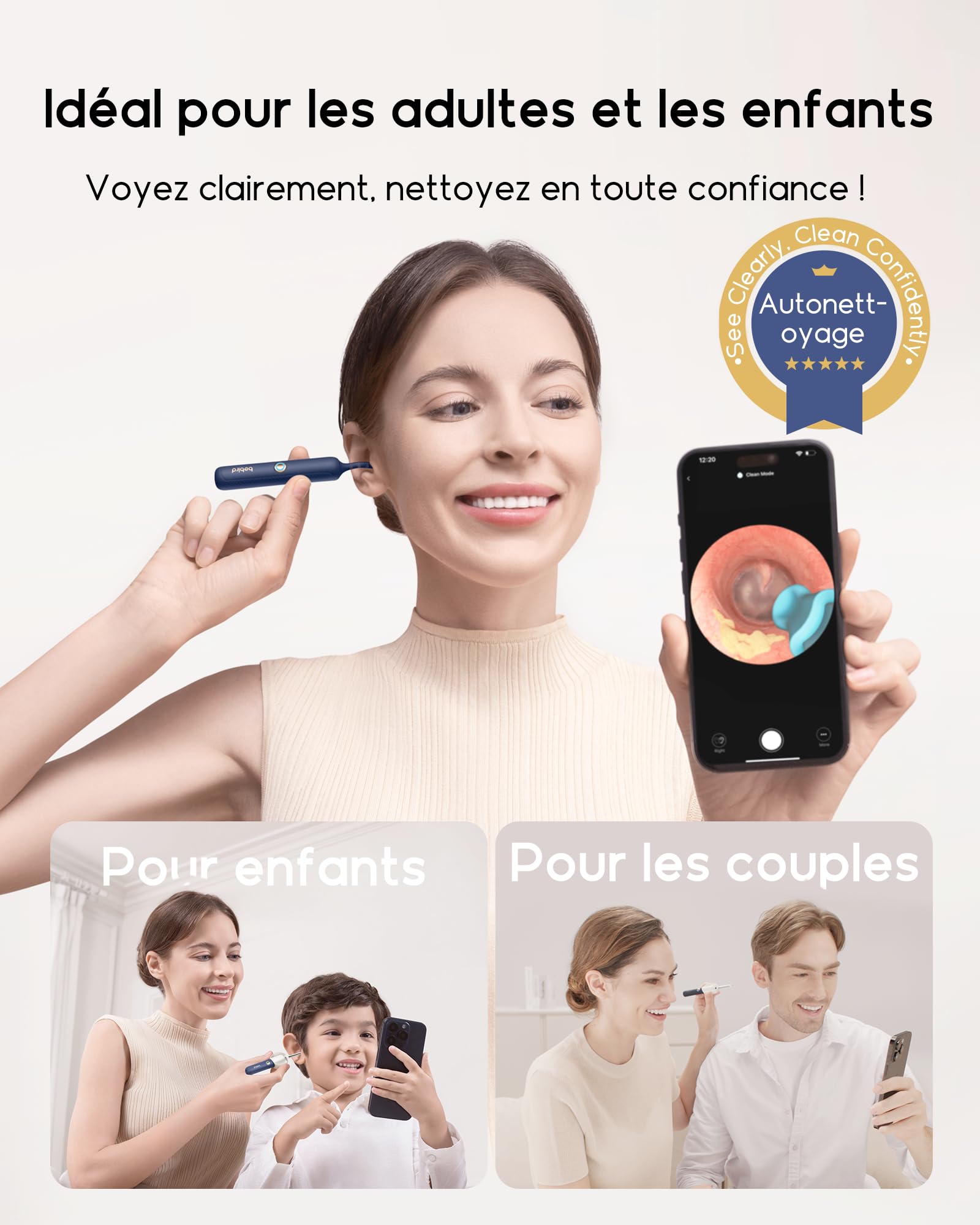 Bebird Otoscope Oreille 1920P HD Flexible Camera Iscope avec Pince Nettoyant Oreille Examen Oreilles Nez Gorge