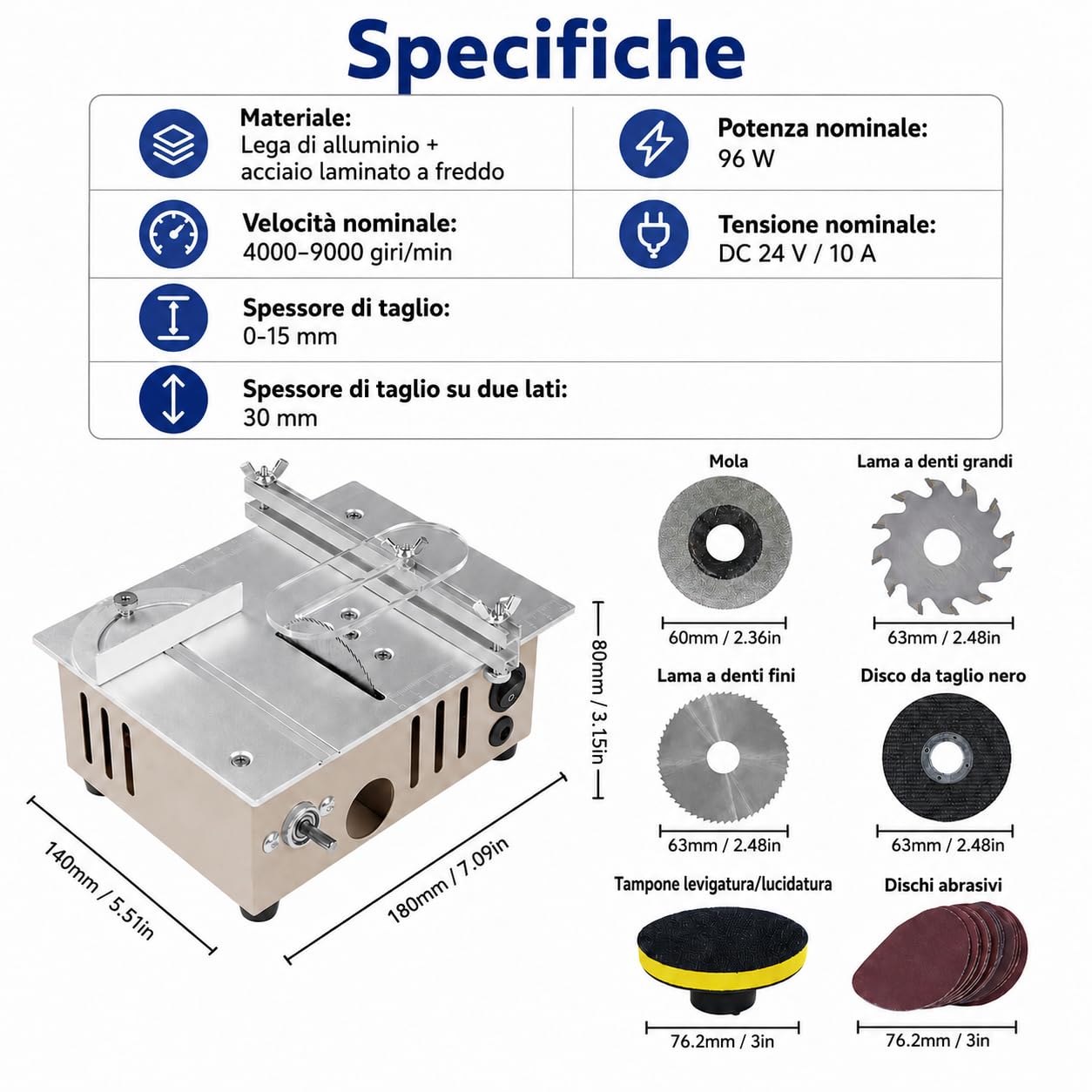 VOBOR Mini Sega Circolare da Tavolo con Disco per Lucidatura e 4 Lame, Altezza Regolabile, Alimentatore a 7 Marce, Lama per Sega da 0,1 a 15 mm, per Legno Fatto a Mano