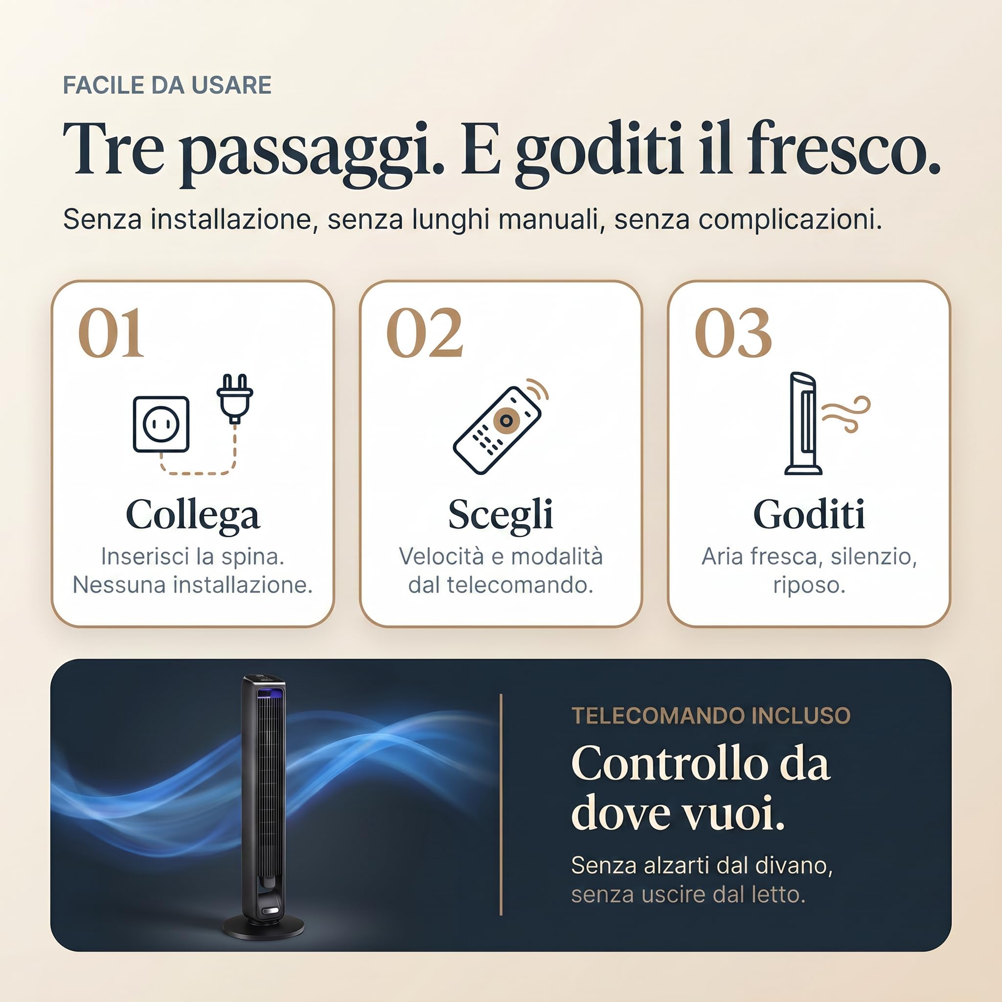 Ventilatore a torre (107 cm), 19 dB, velocità fino a 8.2 m/s, display LED touchscreen, telecomando, 3 velocità, timer da 15 ore, oscillazione di 85°, silenzioso, raffreddamento rapido