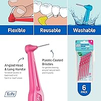 Vista 5 de TePe Cepillo Interdental en Ángulo, Cepillo Dental Angular para Limpieza de Dientes, Paquete de 6, 0.44 mm, Espacios Extra Pequeños/Pequeños, Rosa