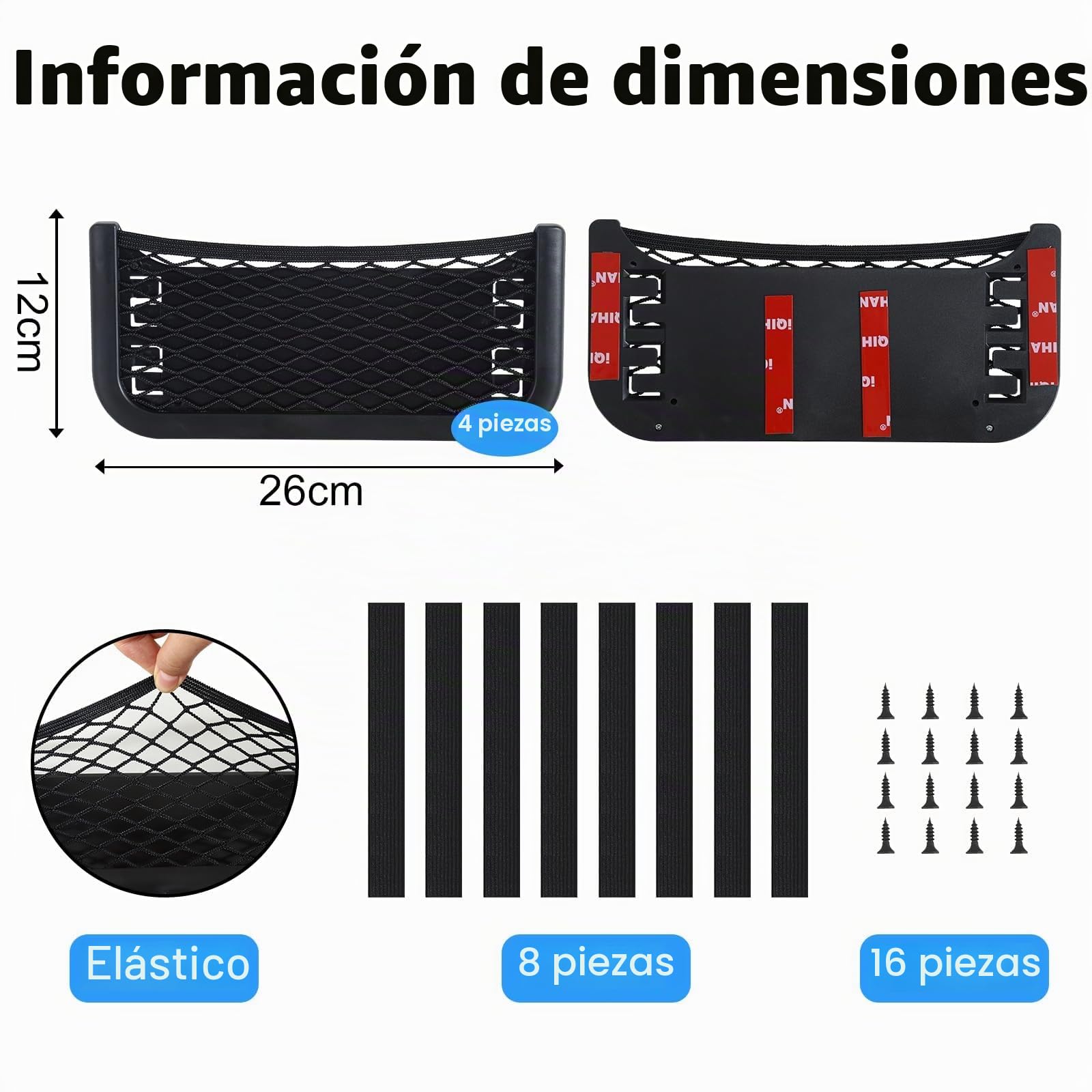 Rejilla de Coche 3 en 1, Red de Almacenamiento, Fijación con Correa Elástica, Compartimento para Pegar o Atornillar