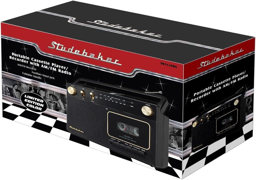 Studebaker Portable Retro Home Audio Stereo AM/FM Radio & Cassette Player/Recorder with Aux Input Jack & Built in Speakers (Gold)
