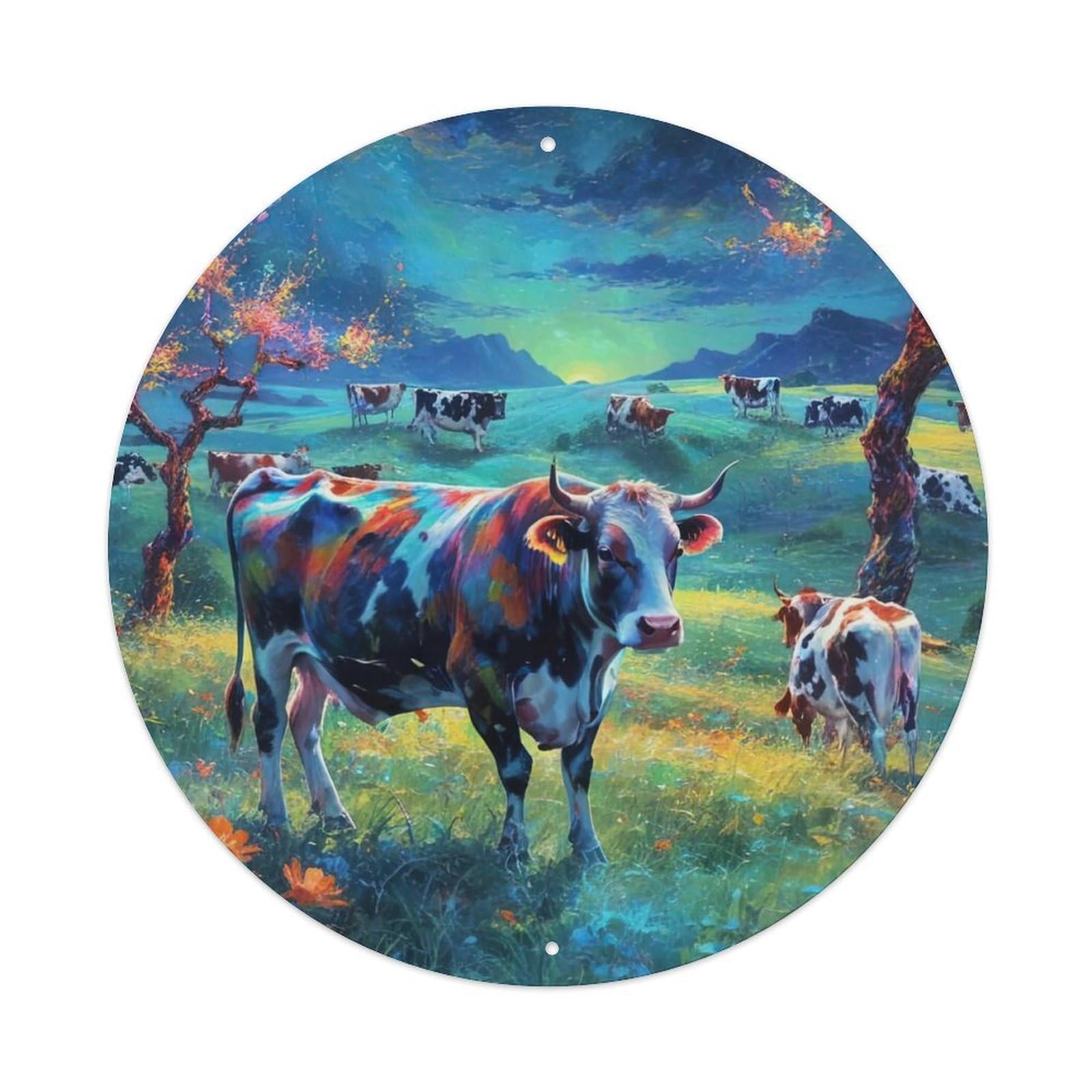 Animal Poster Oil Painting Style Cow Vintage Metal Tin Sign Plaque Wall Decor for Cafe, Club, Garden Round Metal Poster 8x8Inch