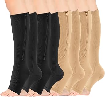 4 Pairs Zipper Compression Socks Women & Men, Toeless Compression Socks, 15-20mmhg Knee High, Anti-Pinch Zipper for Varicose Veins, Elderly, Pregnancy, Nurses, Travel