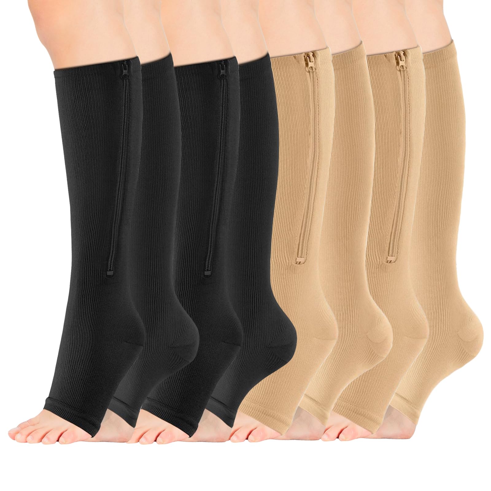 Calcetines de compresión con cremallera para mujer y hombre, sin dedos, 15-20 mmHg, hasta la rodilla, antipellizcos, con cremallera, para venas varicosas, ancianos, embarazo, enfermeras, viajes, 4 pares, talla grande x grande