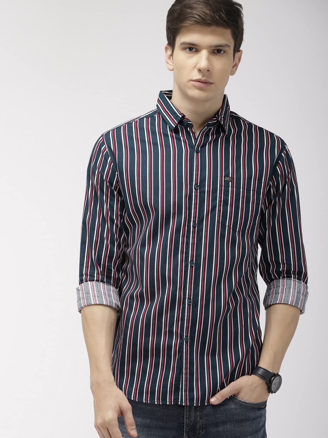 The Indian Garage Co Navy Blue Slim Fit Striped Shirts 1