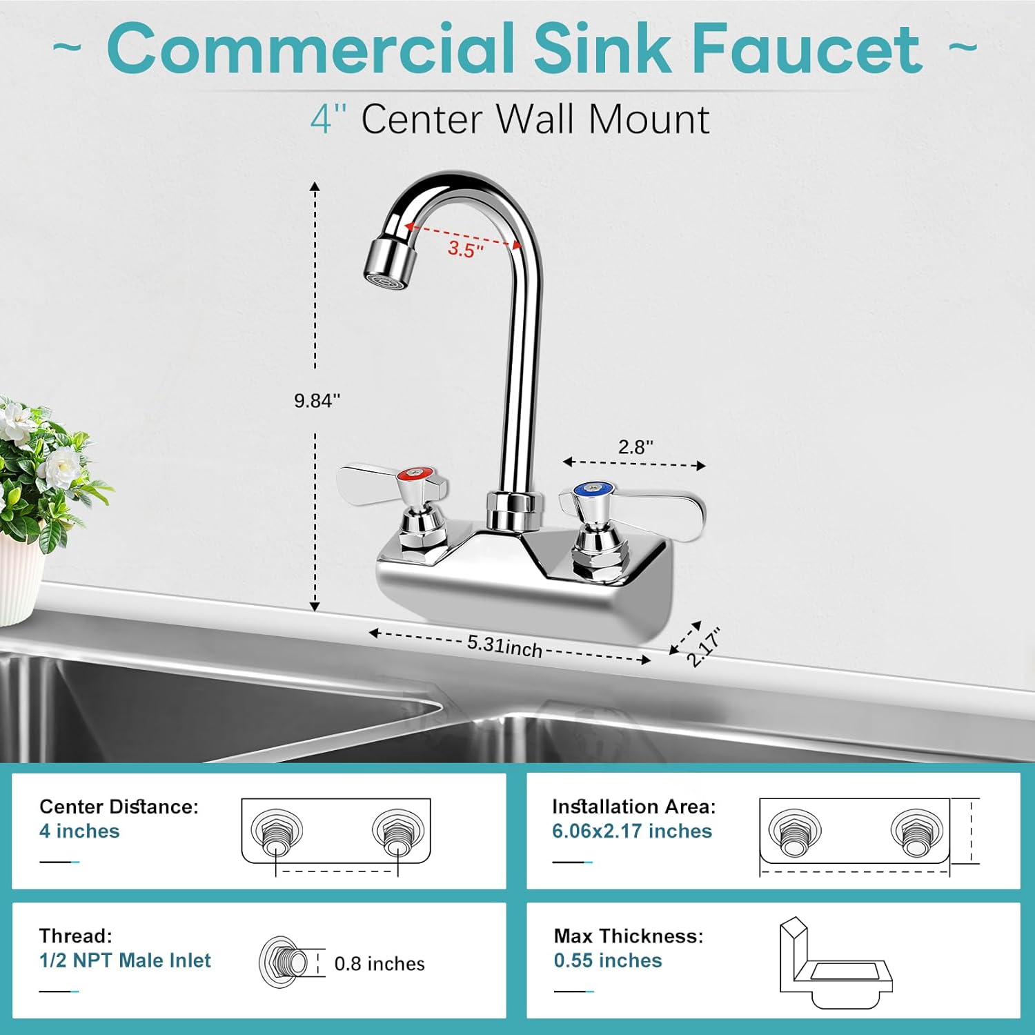 Leak-Free Commercial Bar Hand Sink Faucet 4” Center with 3-1/2" Gooseneck Swivel Spout, Small Kitchen Sink Faucet 2 Hole Wall Mount Brass Constructed for 1 Compartment Sink Utility Restaurant - Image 4