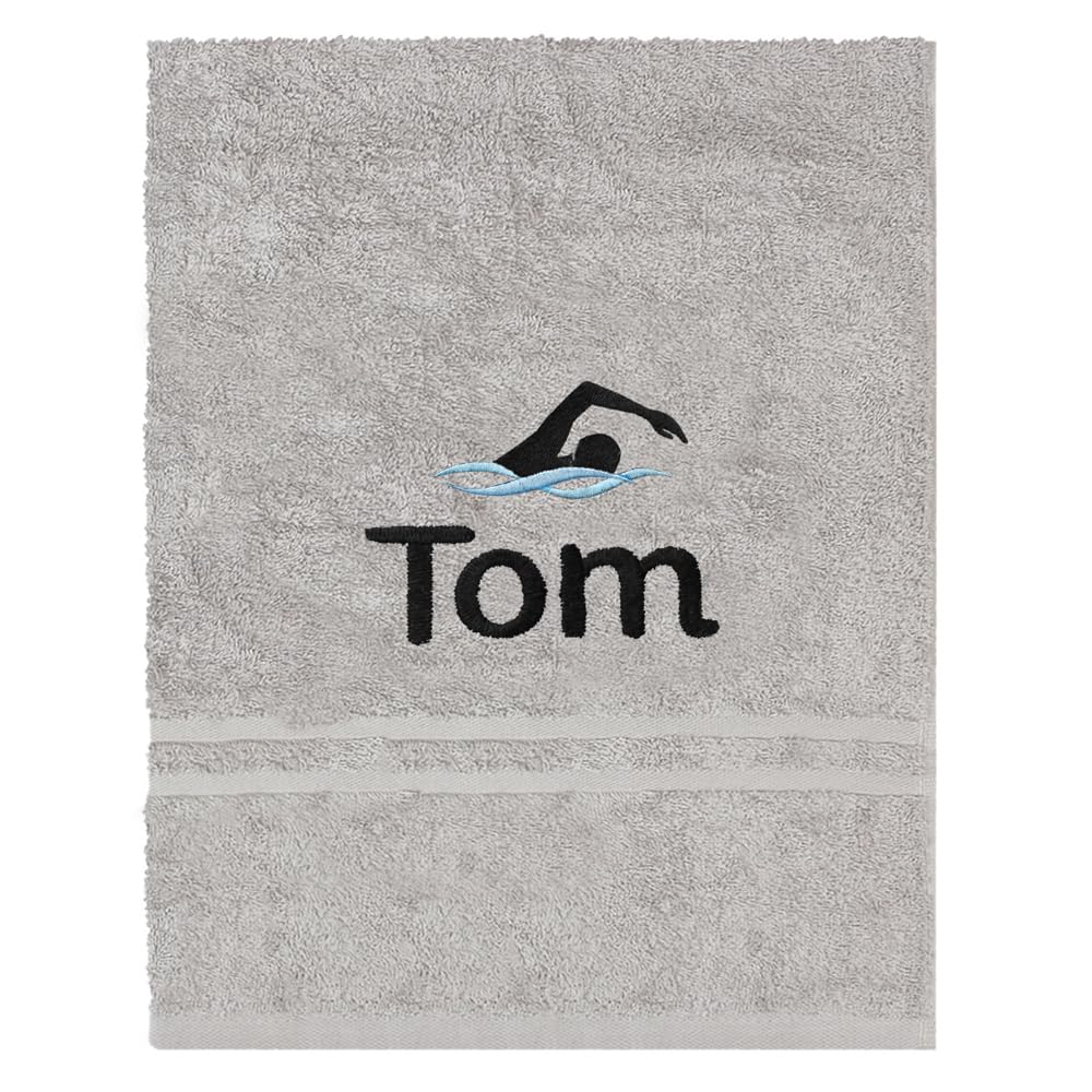 TeddyT's Personalised School Swimming Bath Towel with Embroidered Name (Silver Grey)