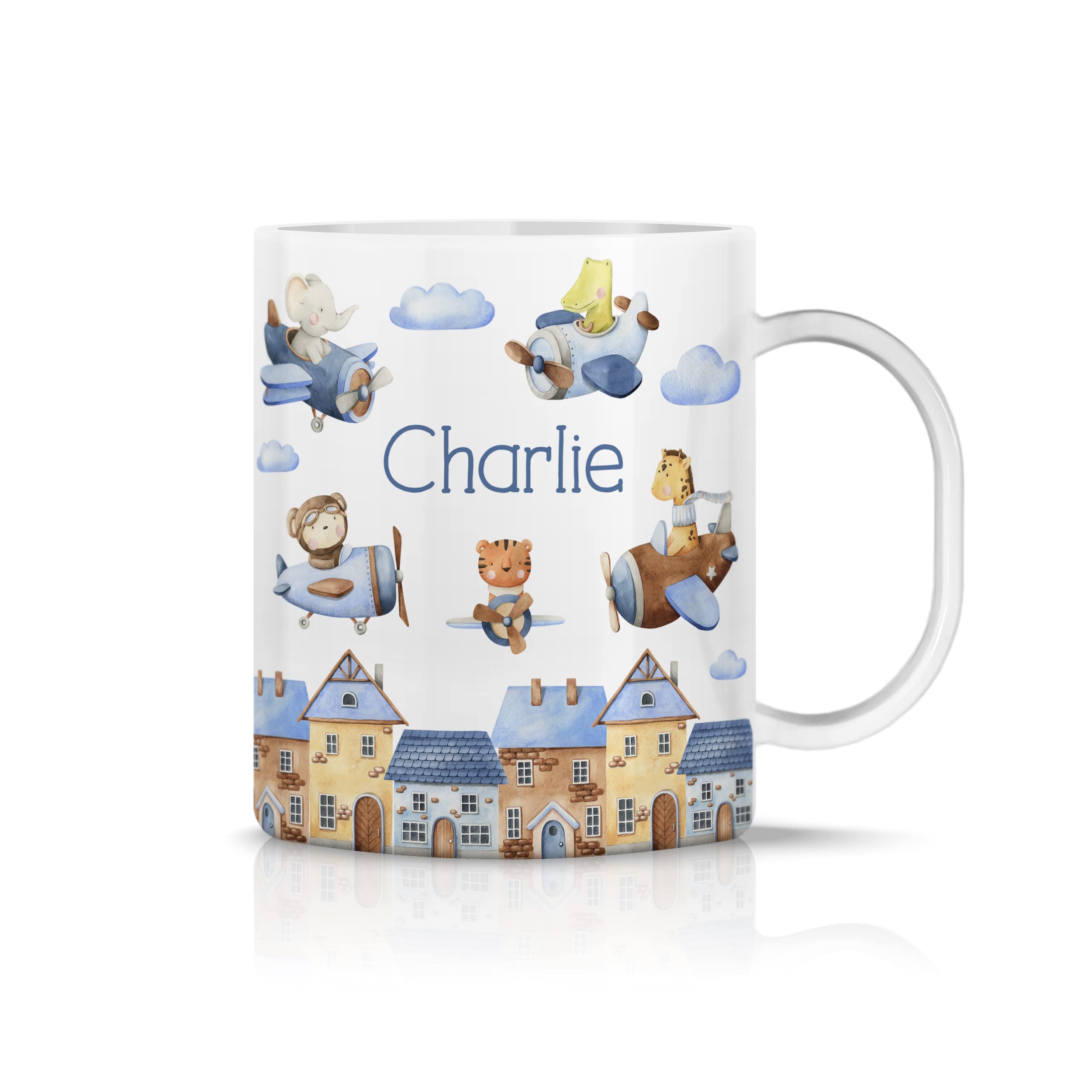 iCaseDesigner Personalised Childrens Mug - Unbreakable Lightweight Polymer - Add Your Own Name - Animals in Planes