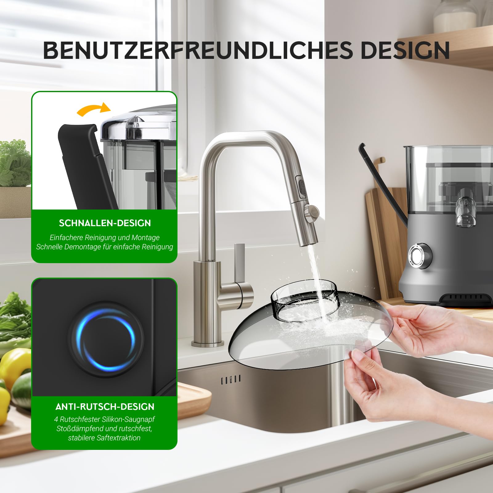 Entsafter, 600W Juicer Machine für Obst und Gemüse in Edelstahl, 76mm Zufuhröffnung, 3 Geschwindigkeiten, Anti-Tropf-Funktion und Überhitzungsschutz Leicht zu bedienen und zu reinigen,BPA-frei