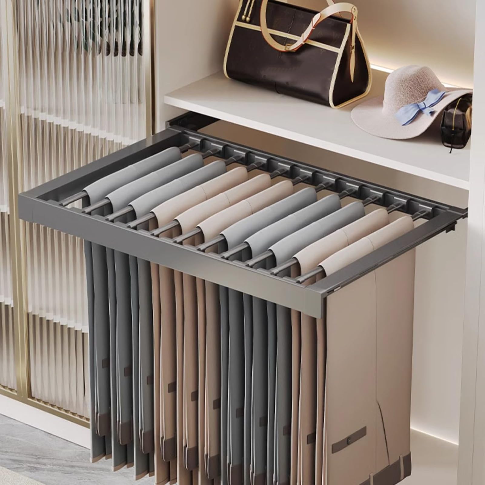 Appendiabiti per Pantaloni, cassetto Estraibile per Pantaloni, stendibiancheria per Lavatrice, per Balcone, ripostiglio o Lavanderia (60-85 cm)